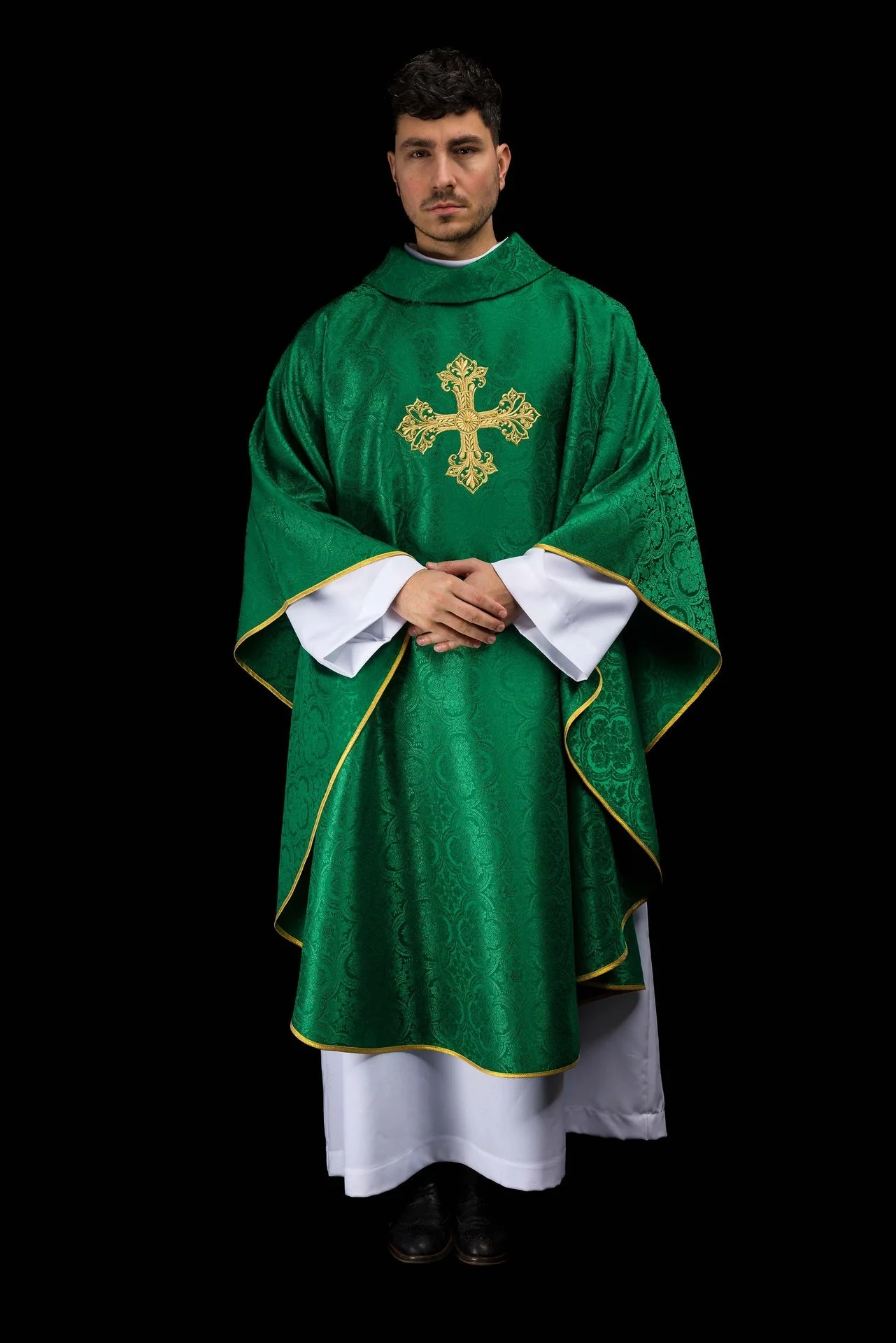 Green chasuble with cross jacquard fabric - Image 2