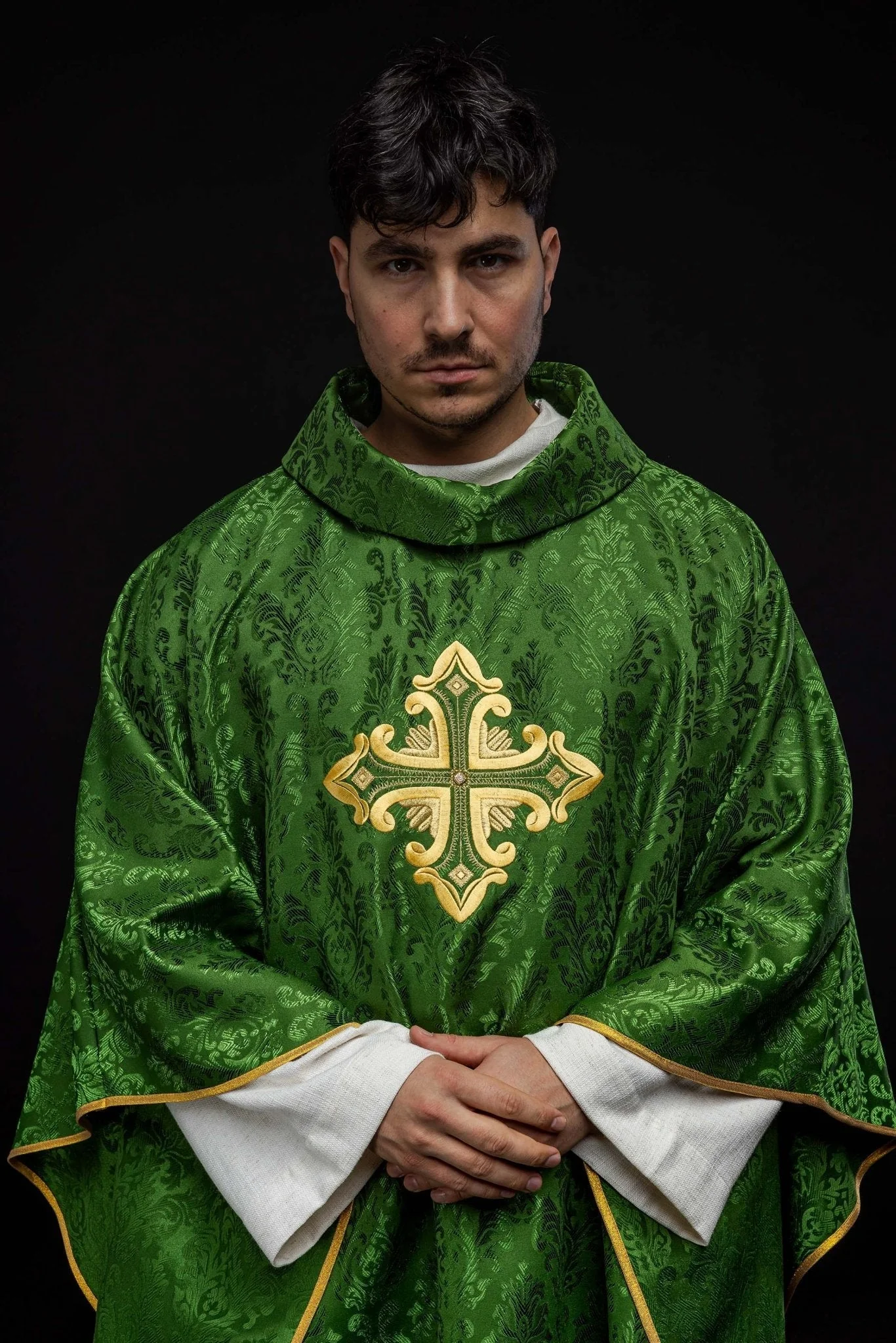 Green chasuble with cross sewn from patterned fabric - Image 10