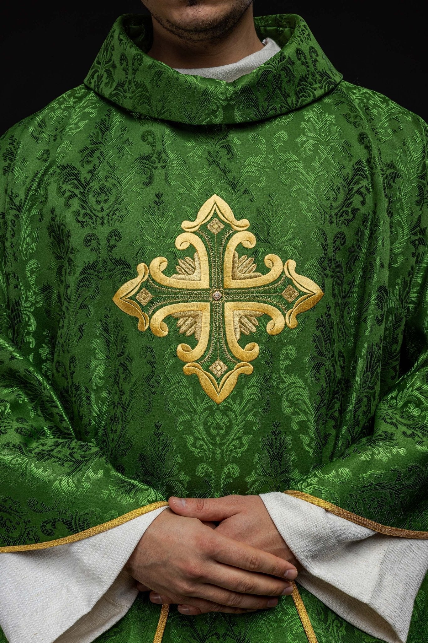 Green chasuble with cross sewn from patterned fabric - Image 3