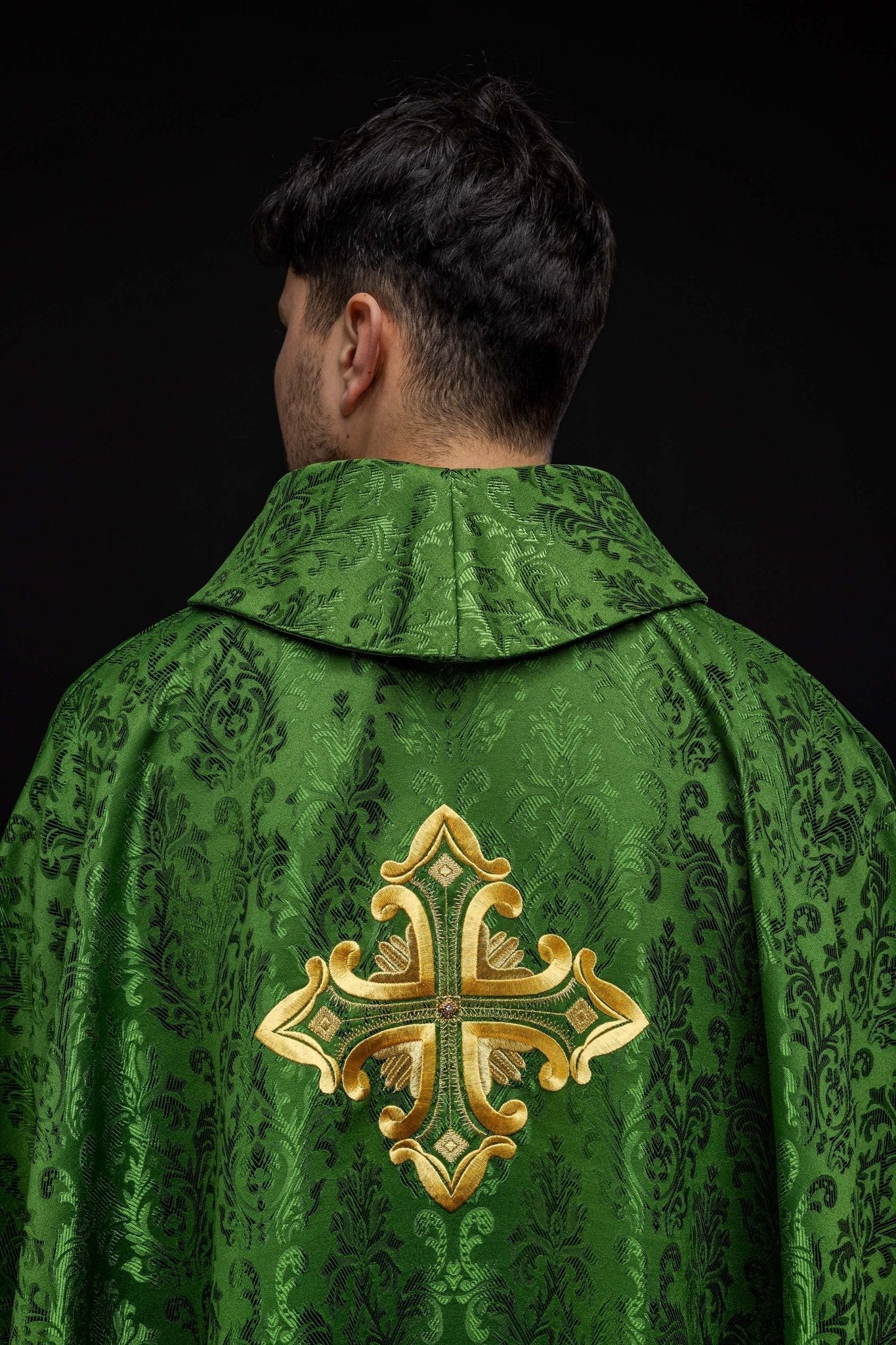 Green chasuble with cross sewn from patterned fabric - Image 7