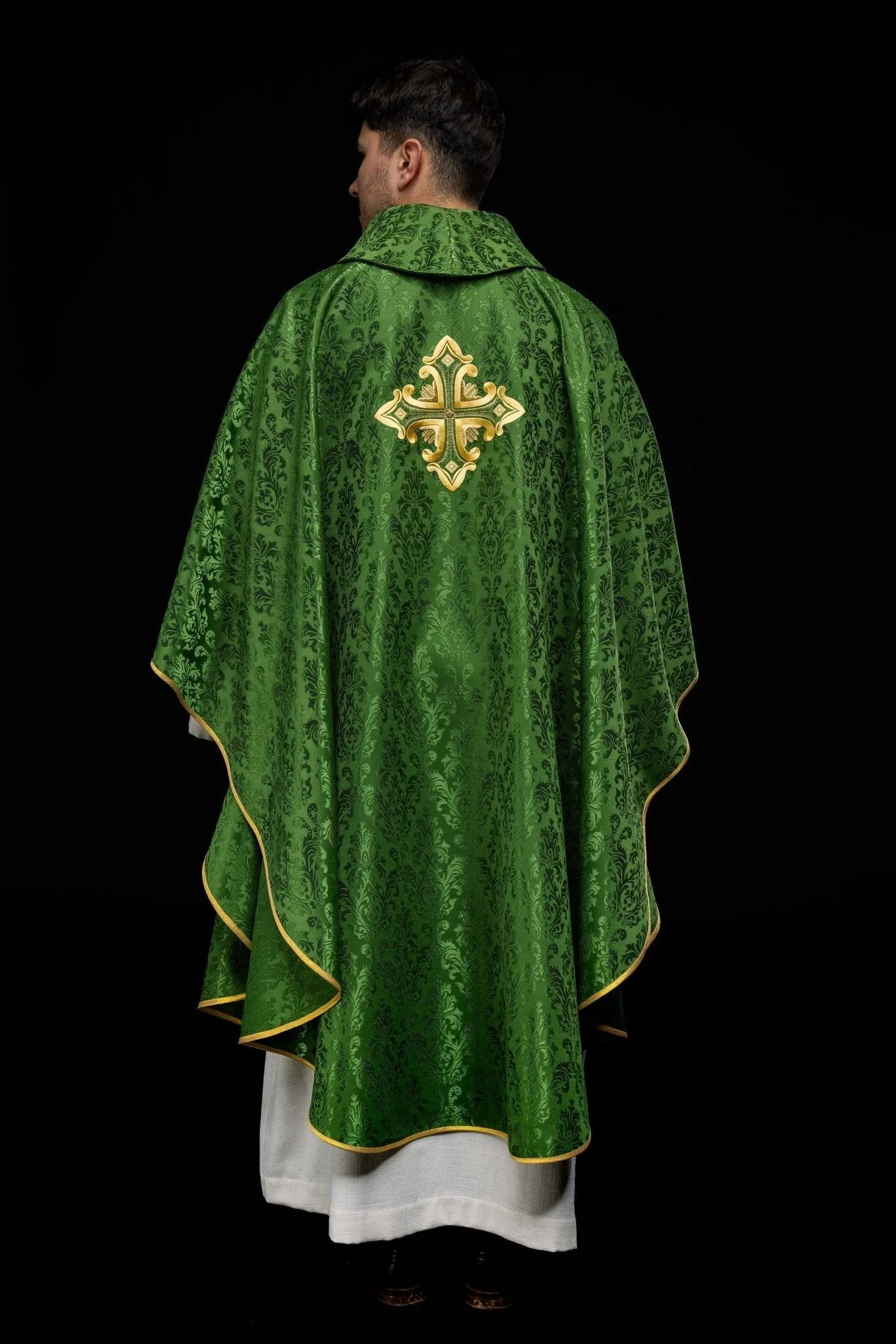 Green chasuble with cross sewn from patterned fabric - Image 8