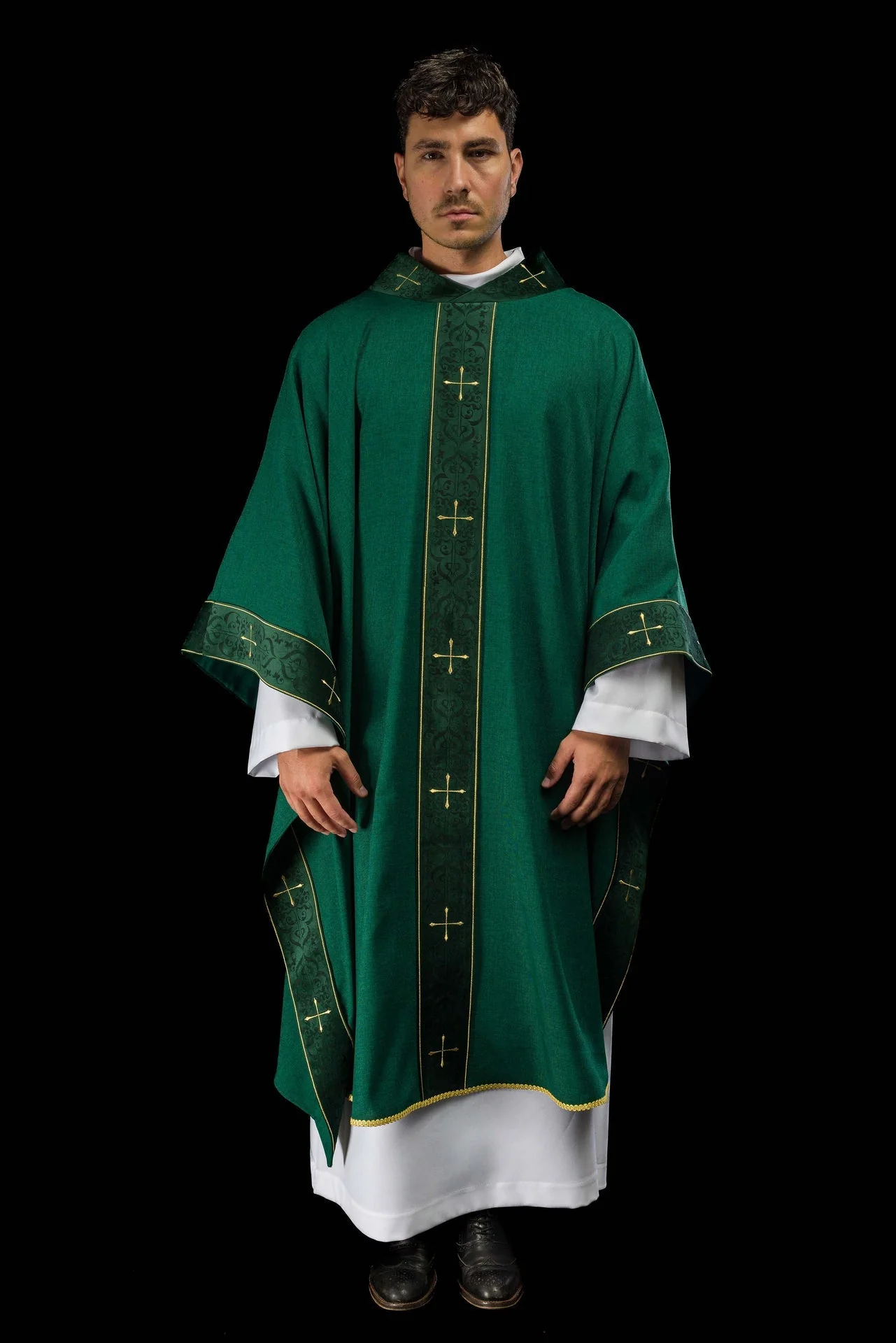 Green Chasuble with Embroidered Cross Band and Collar - Image 2