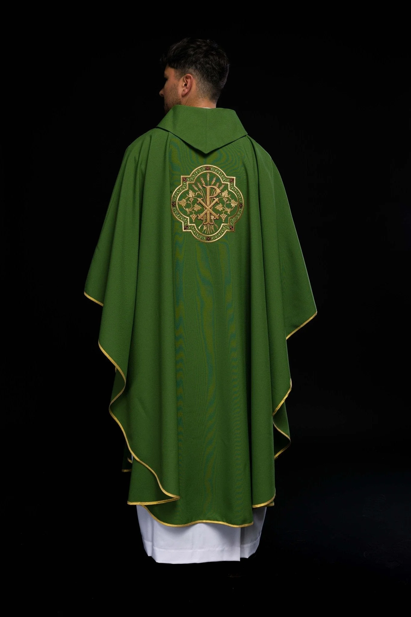 Green chasuble with IHS and PAX embroidery - Image 8