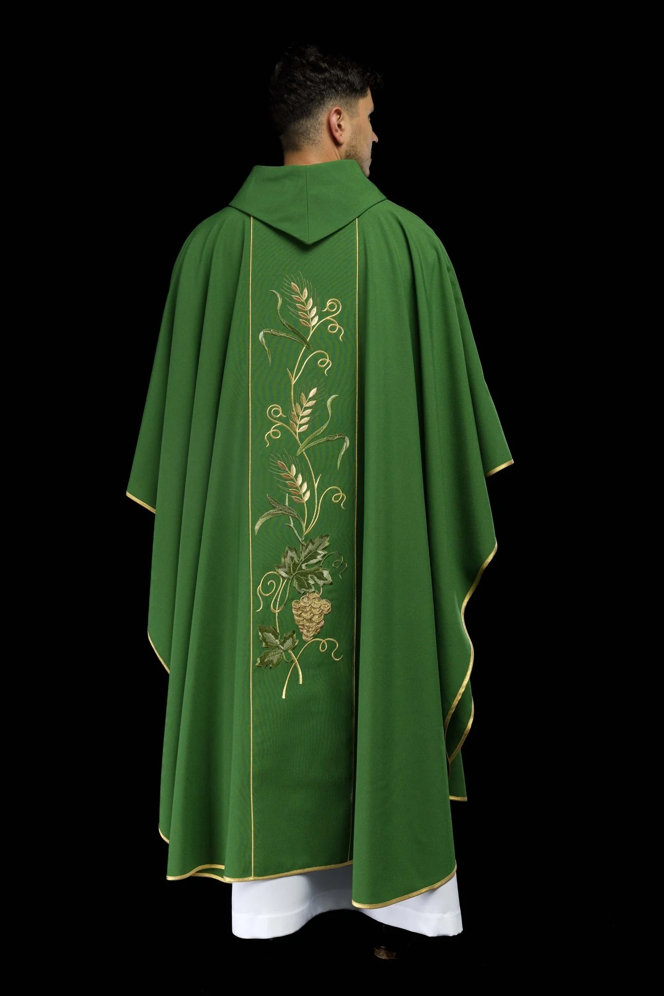 Green chasuble with IHS, ears of wheat, and grapes embroidery on a belt - Image 7