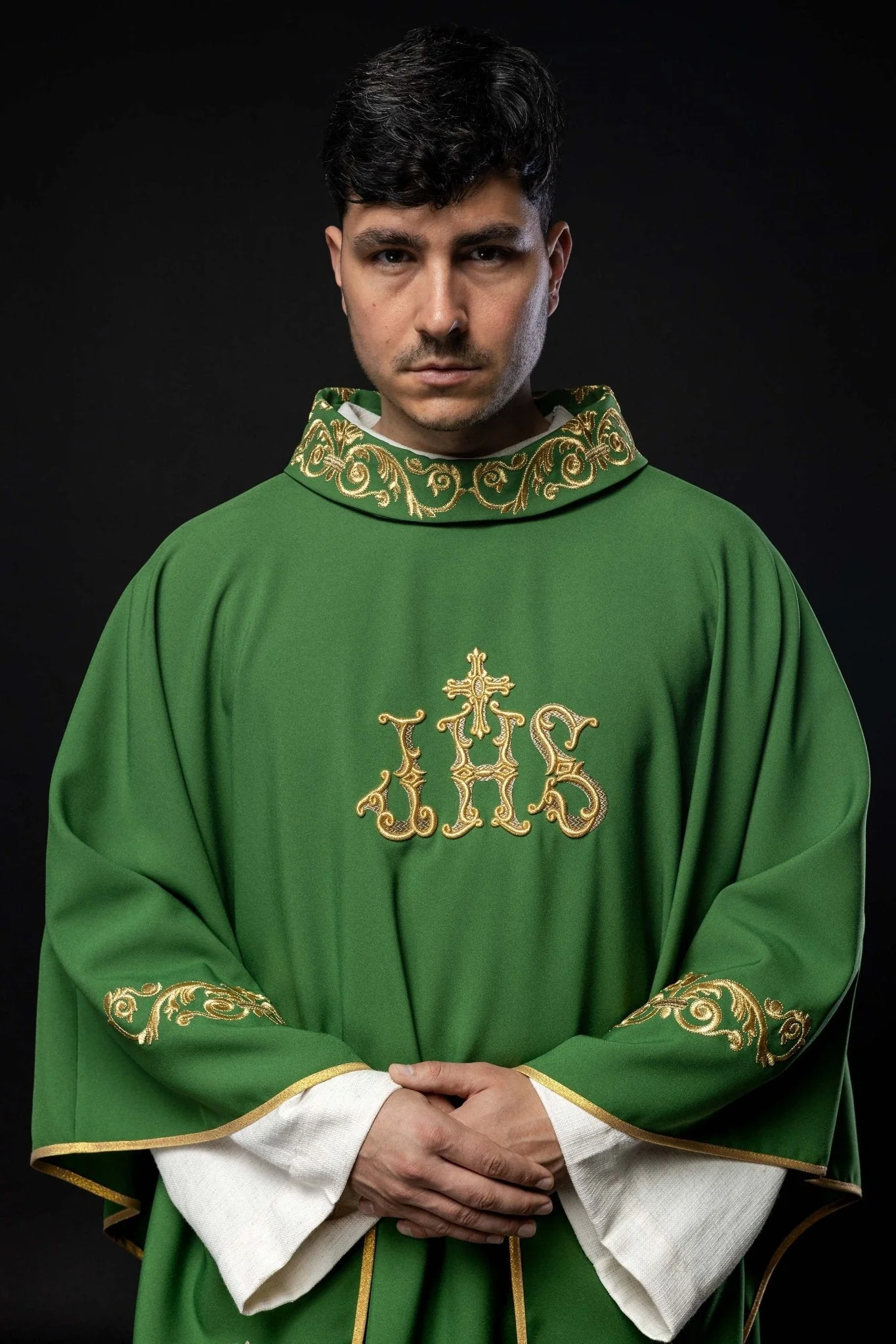 Green chasuble with IHS embroidery