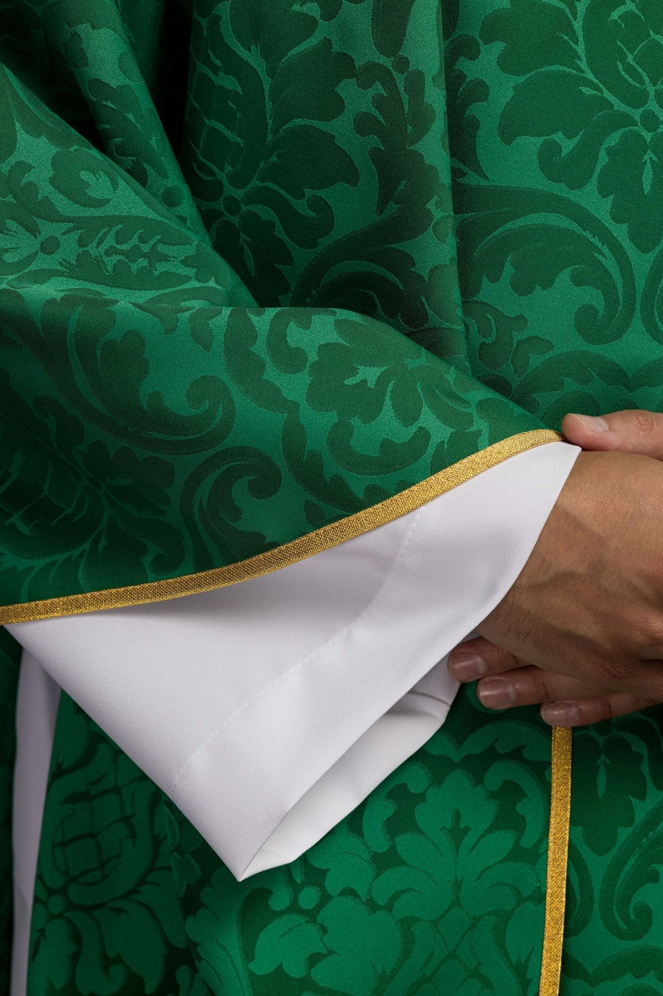 Green chasuble with IHS motif and richly embroidered collar on decorative fabric - Image 4