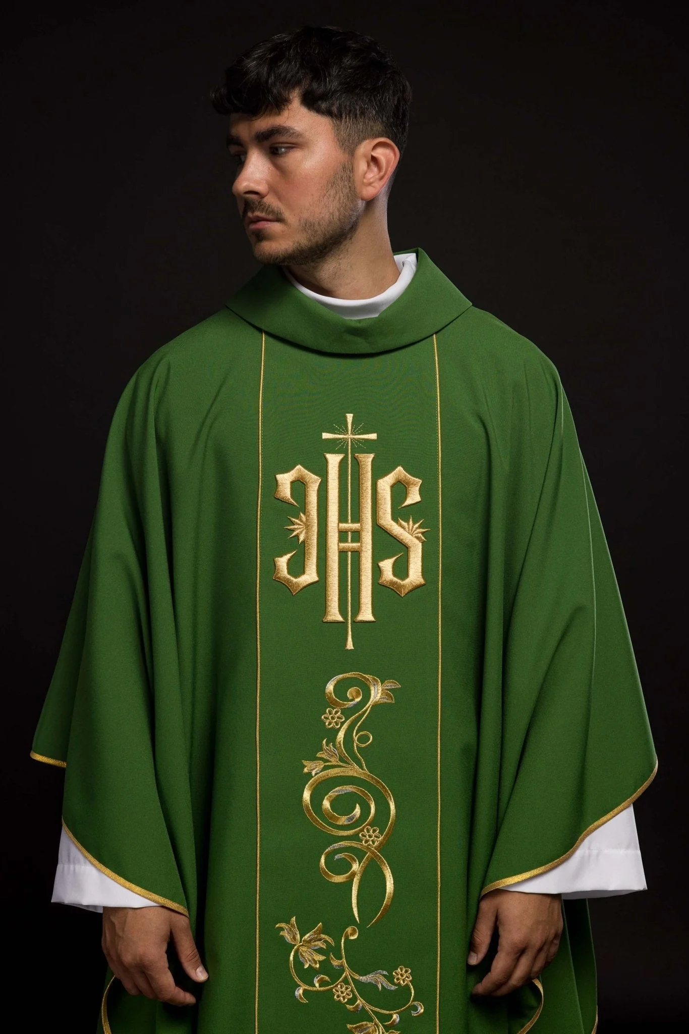 Green chasuble with the symbol of IHS