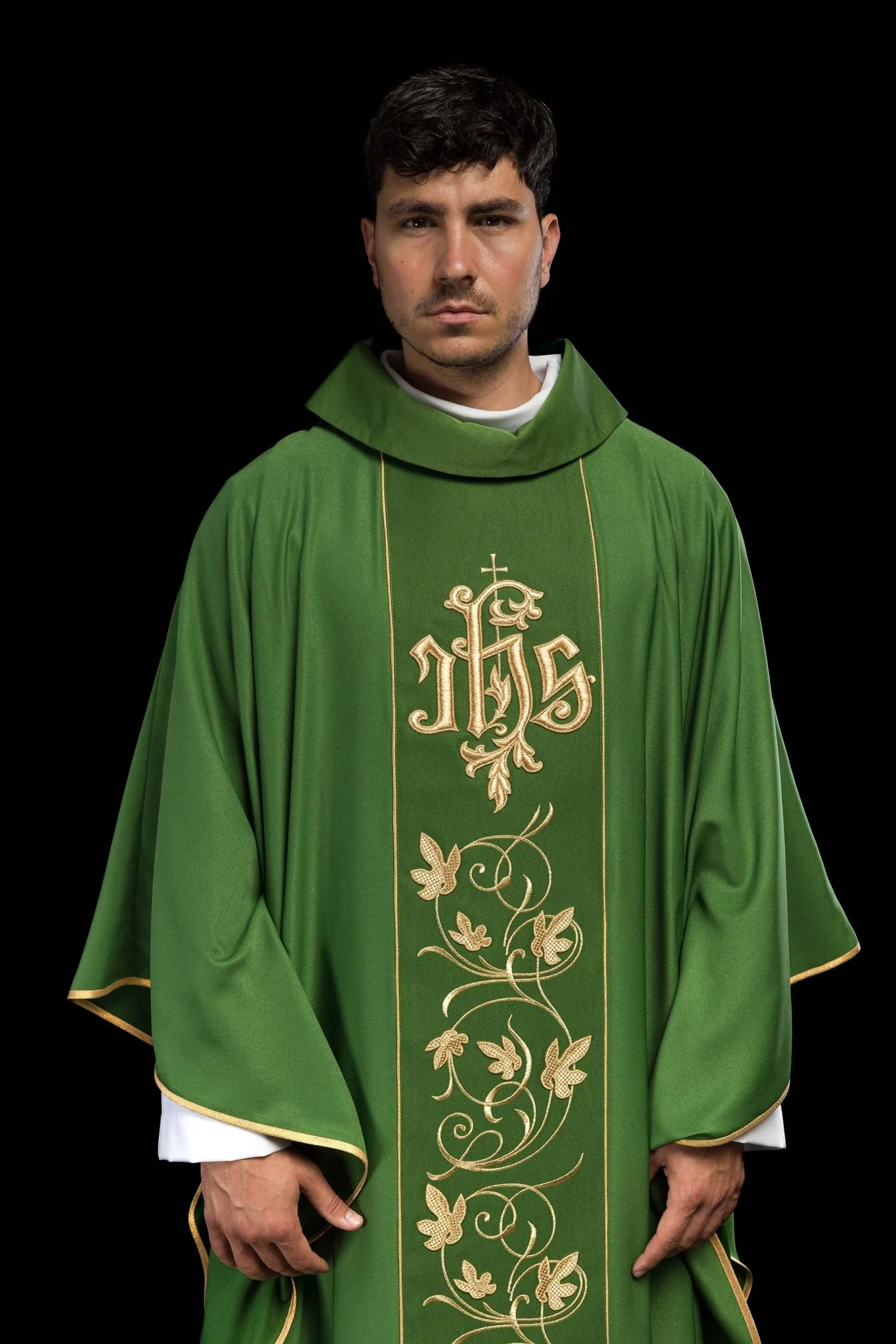 Green classic JHS embroidered chasuble