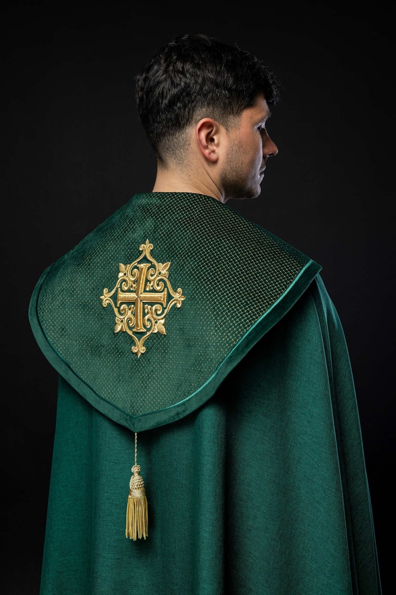 Green cope with a velvet sash and cross embroidery - Image 5