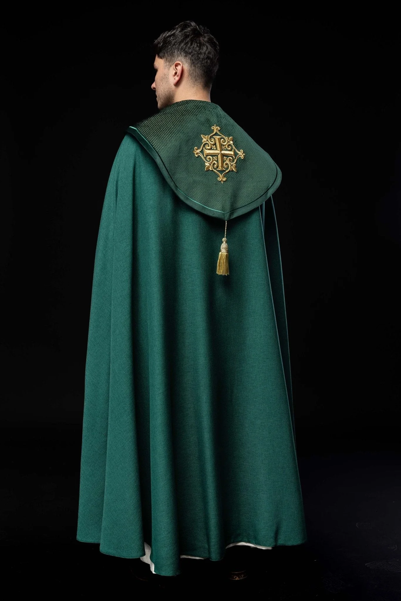 Green cope with a velvet sash and cross embroidery - Image 9