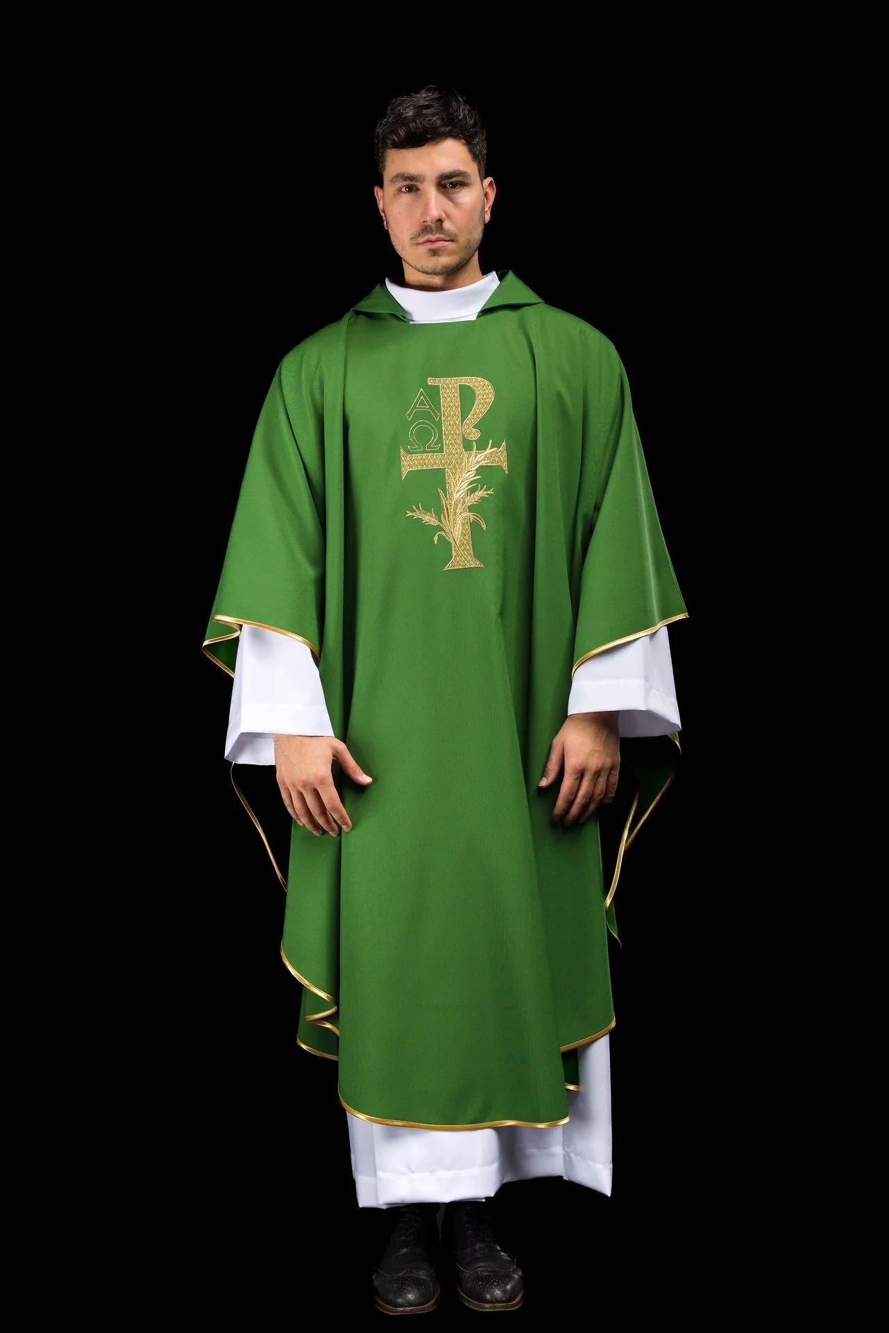 Green embroidered chasuble with Alpha and Omega symbol and wide collar - Image 2