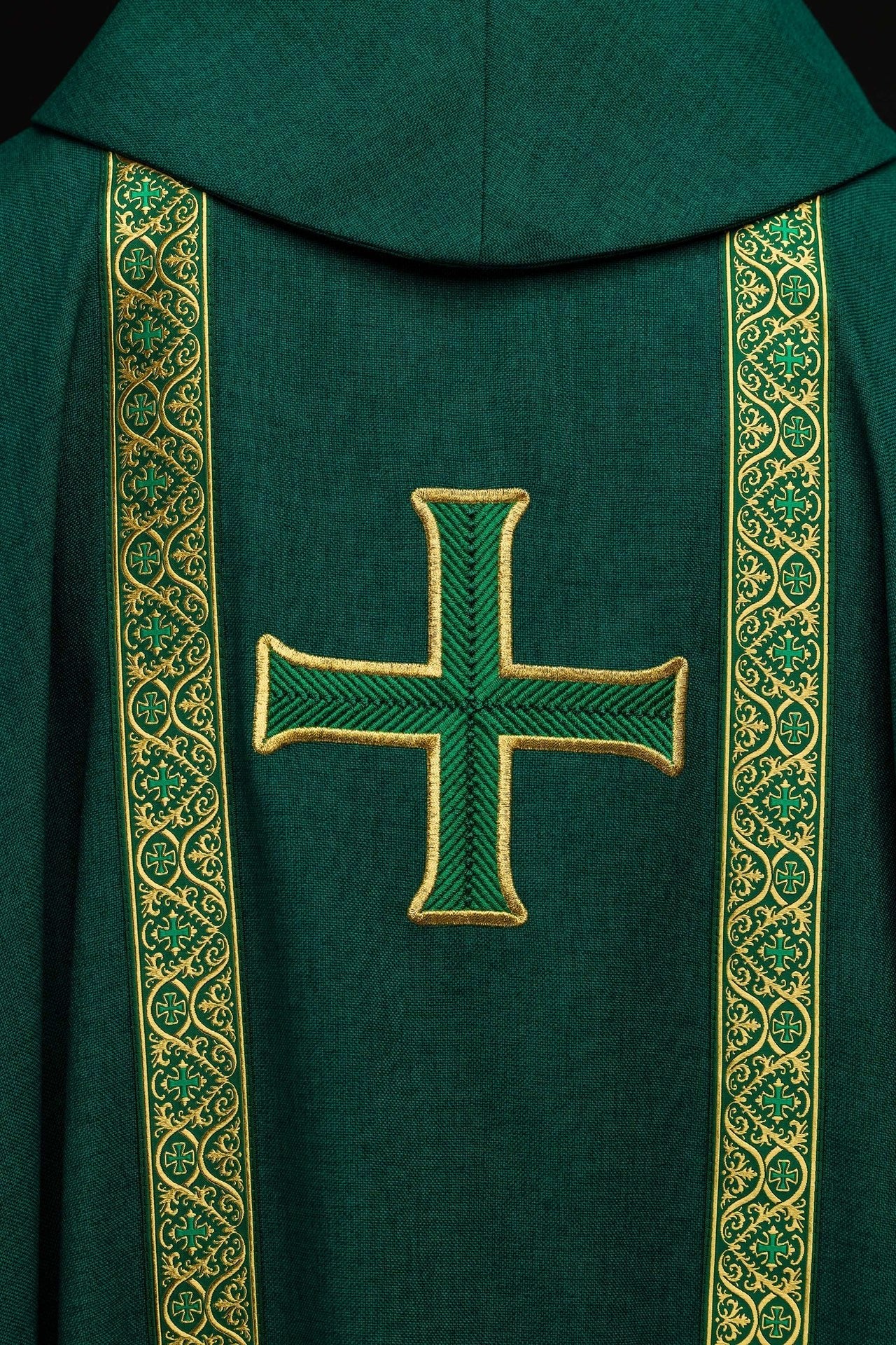 Green liturgical chasuble with embroidered cross and jacquard bands - Image 5