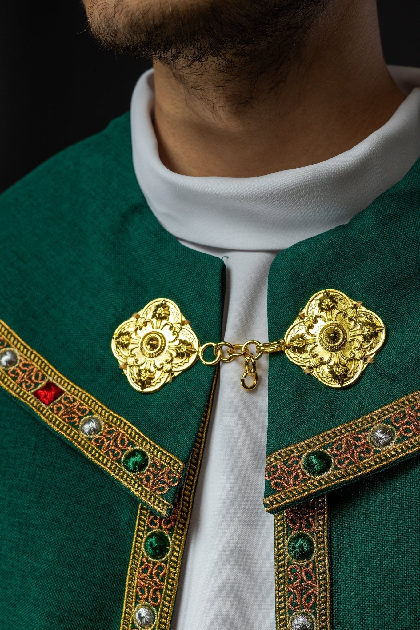 Green liturgical cope with classic JHS embroidery - Image 3