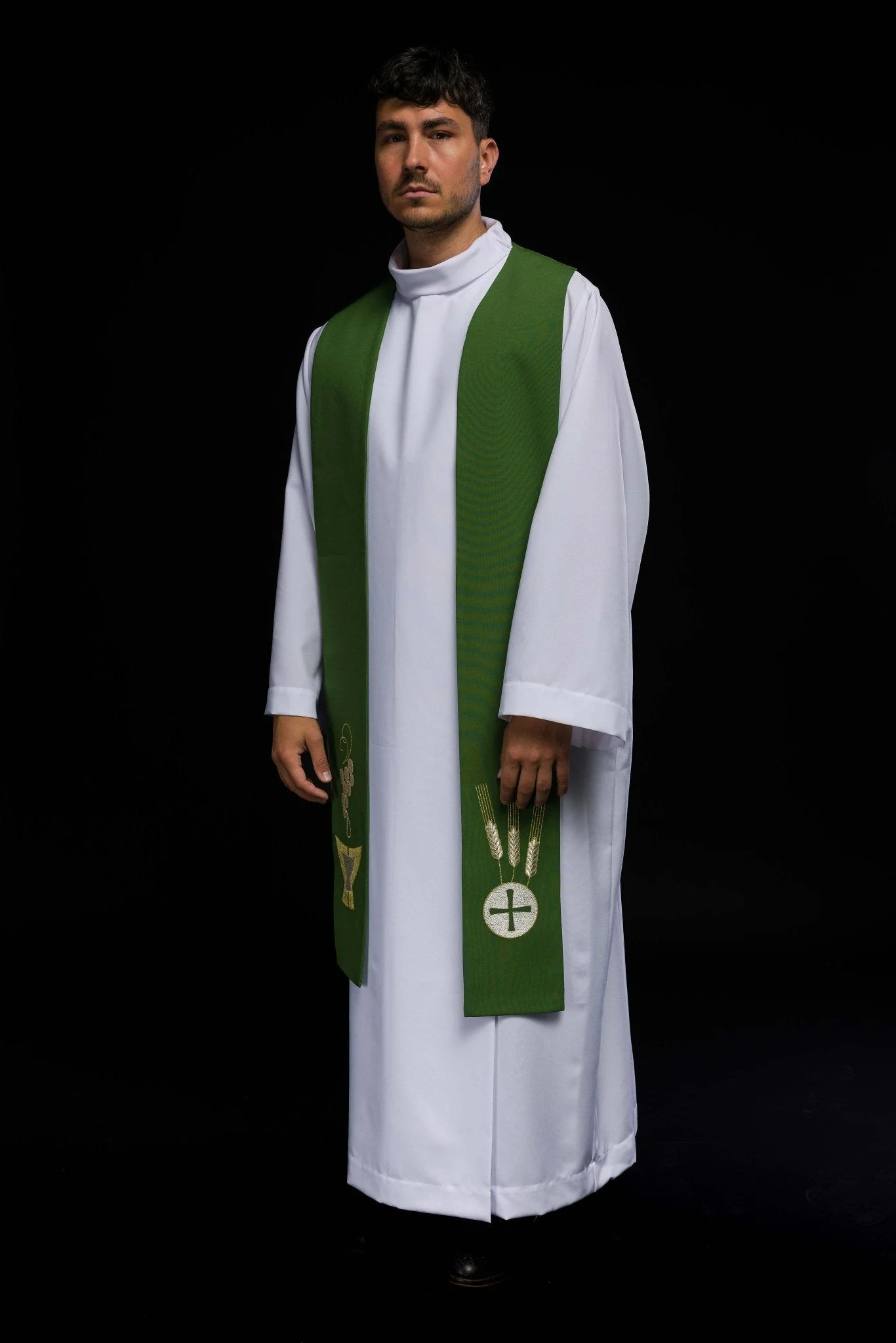 Green priestly stole embroidered with Chalice, Wheat, and Grapes - Image 6