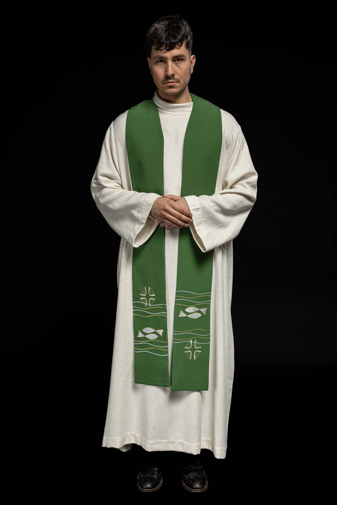 Green priestly stole with embroidered Fish motif - Image 5