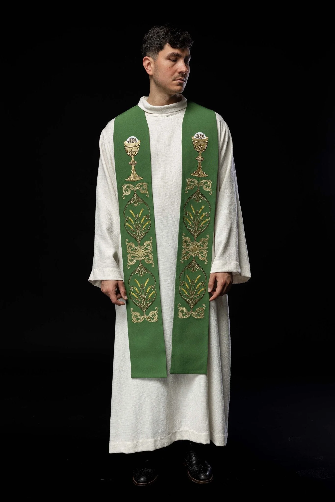 Green priestly stole with IHS chalice