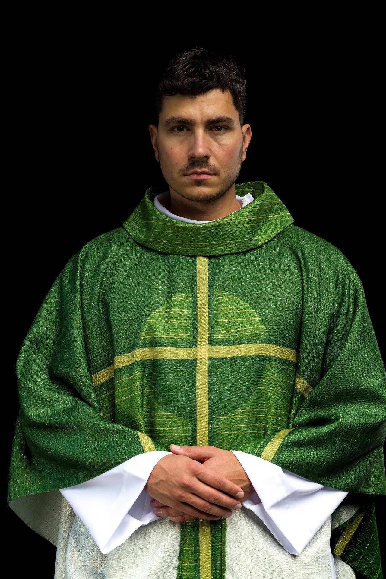 Green printed chasuble with cross motif