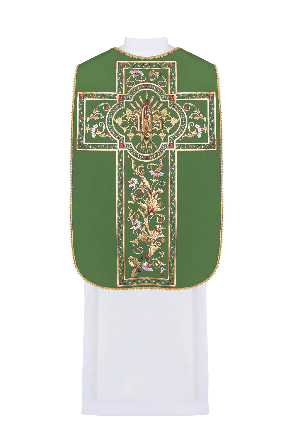 Green Roman Chasuble embroidered with the motif of IHS - Image 3