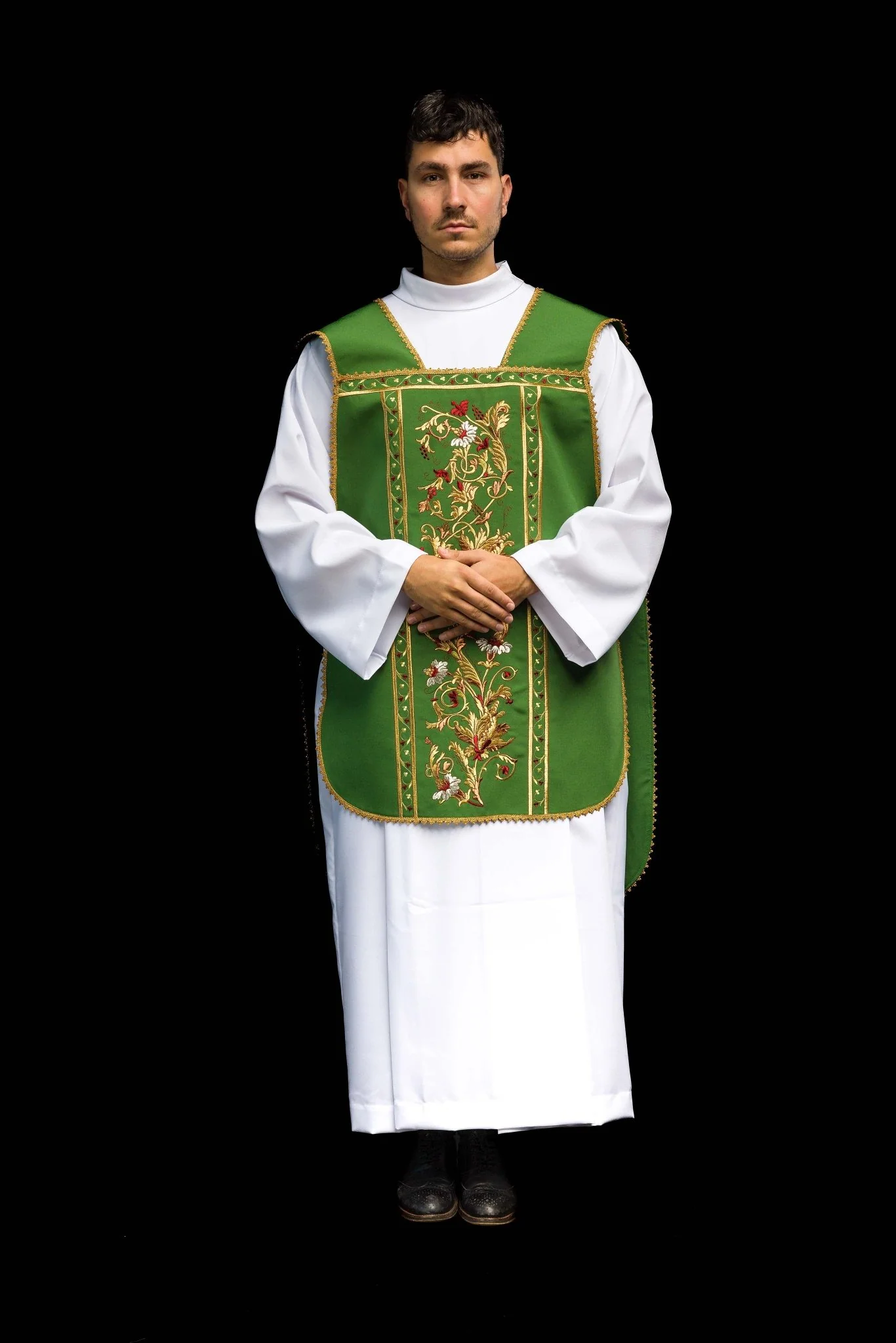 Green Roman Chasuble embroidered with the motif of IHS - Image 4