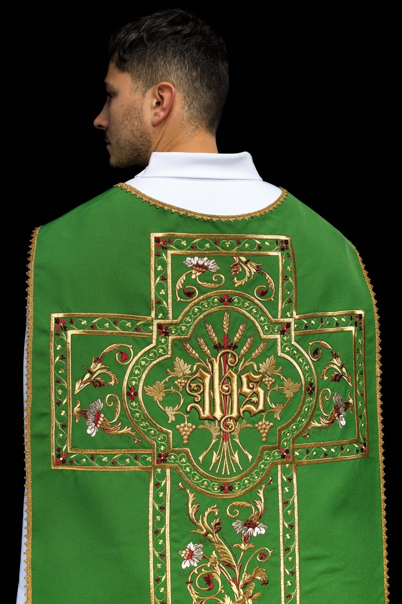 Green Roman Chasuble embroidered with the motif of IHS - Image 5