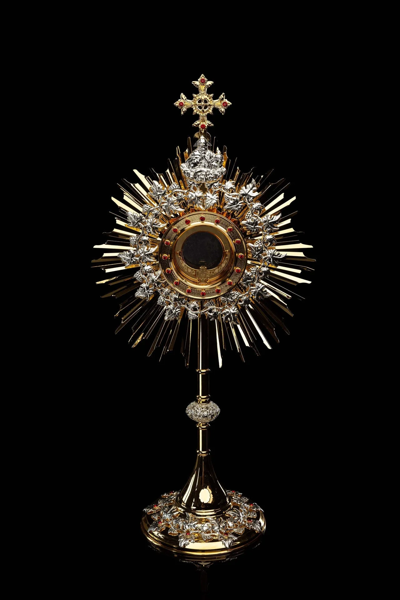 Handmade gilded brass monstrance decorated with rubies