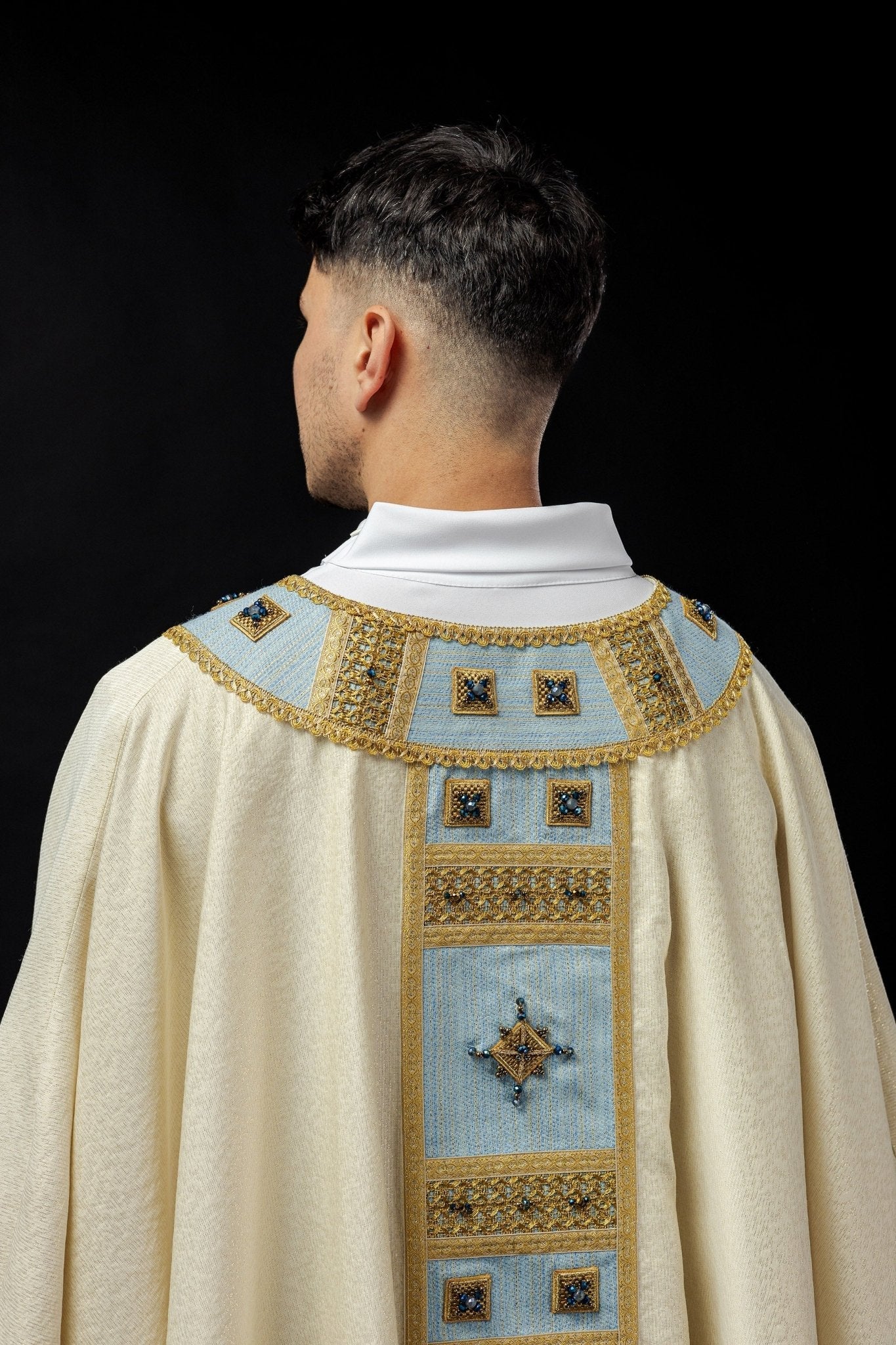 Light blue chasuble with natural stones Handmade 7004 - Image 6