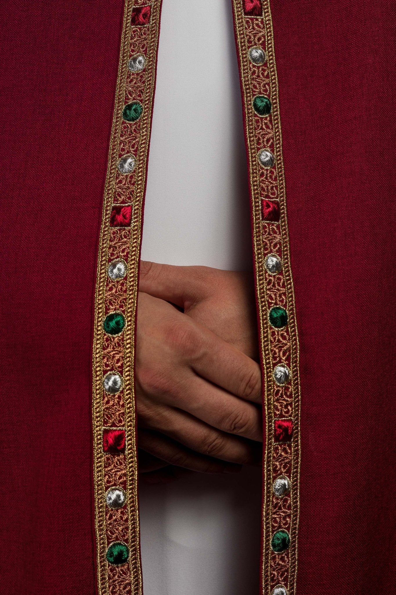 Liturgical cope in red finished with JHS embroidery - Image 5
