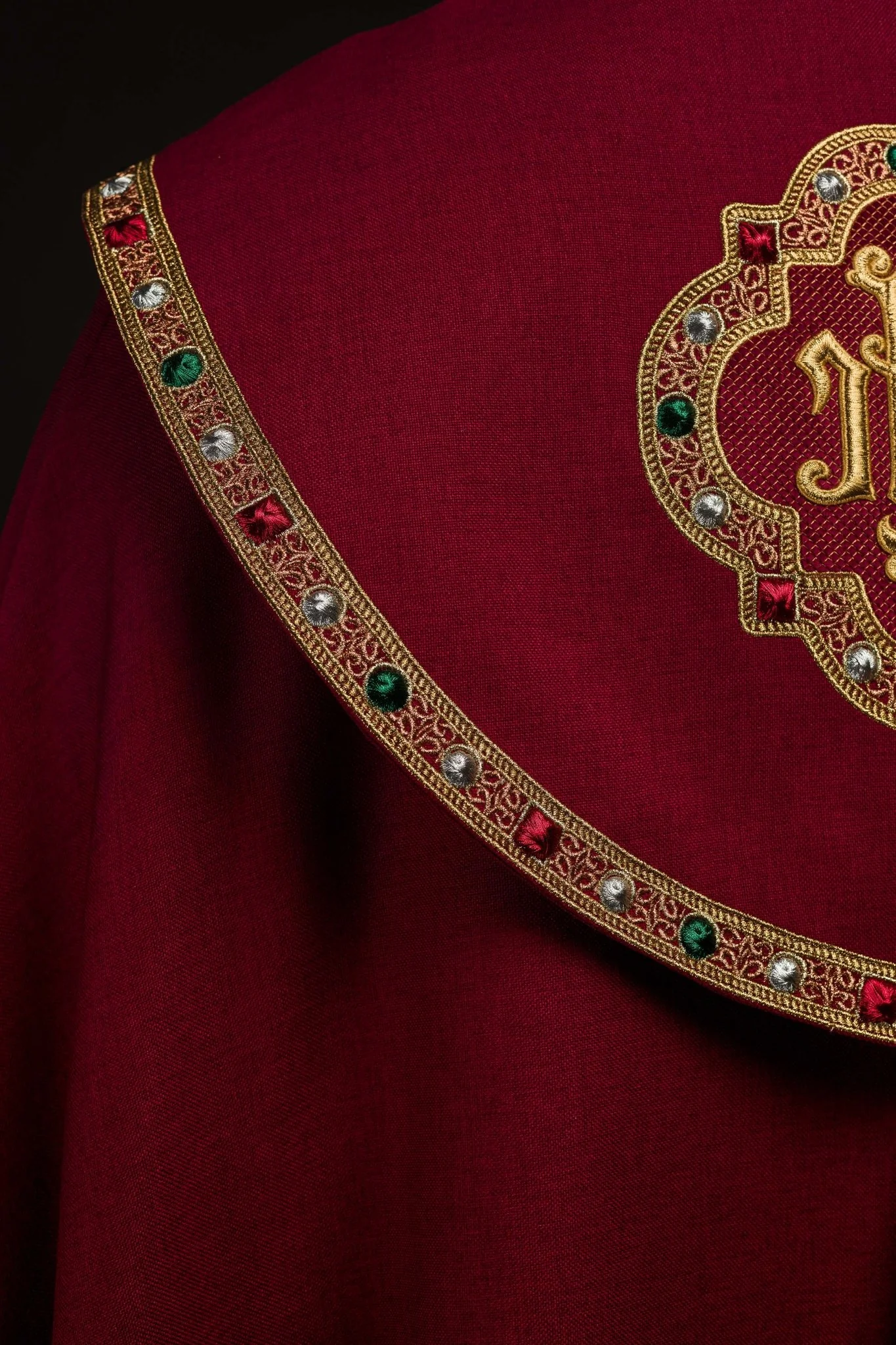 Liturgical cope in red finished with JHS embroidery - Image 7