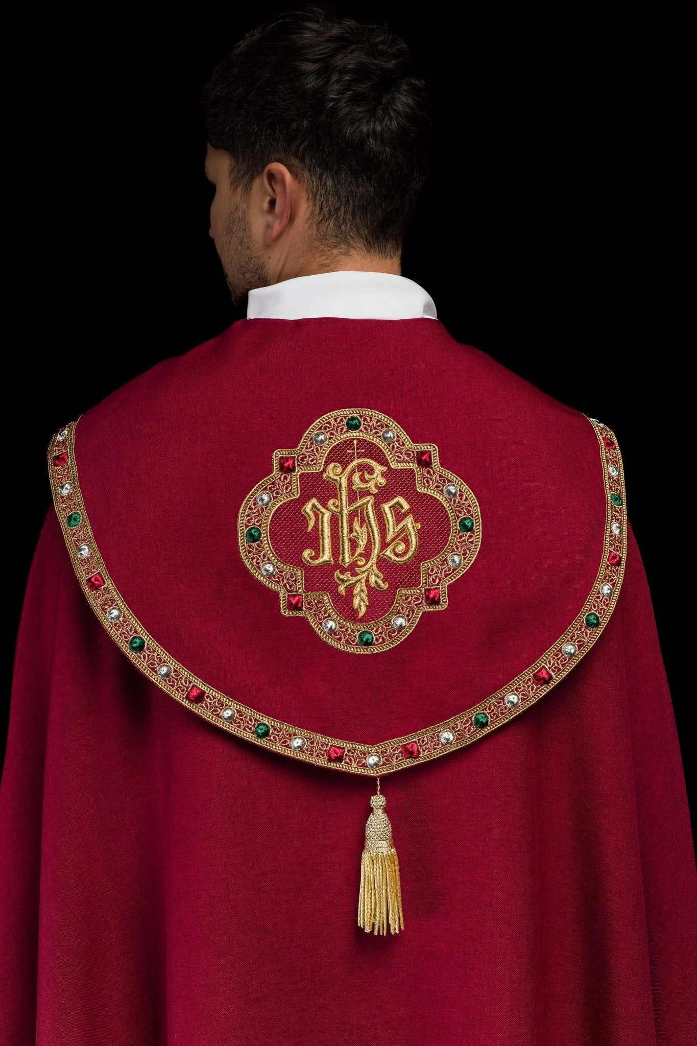 Liturgical cope in red finished with JHS embroidery - Image 8