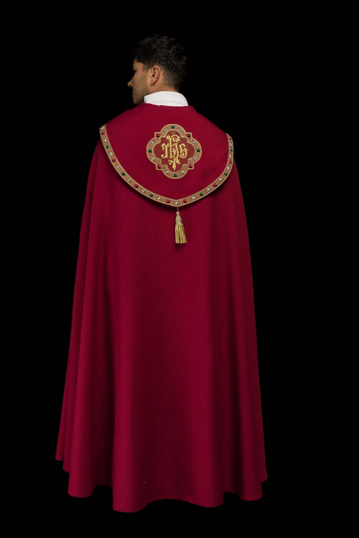 Liturgical cope in red finished with JHS embroidery - Image 9