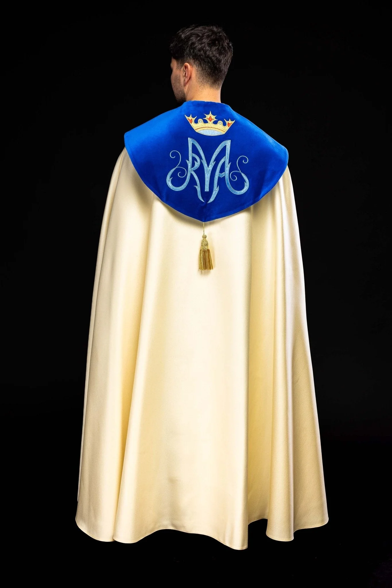Marian liturgical cope made of ecru texture and blue velvet - Image 10