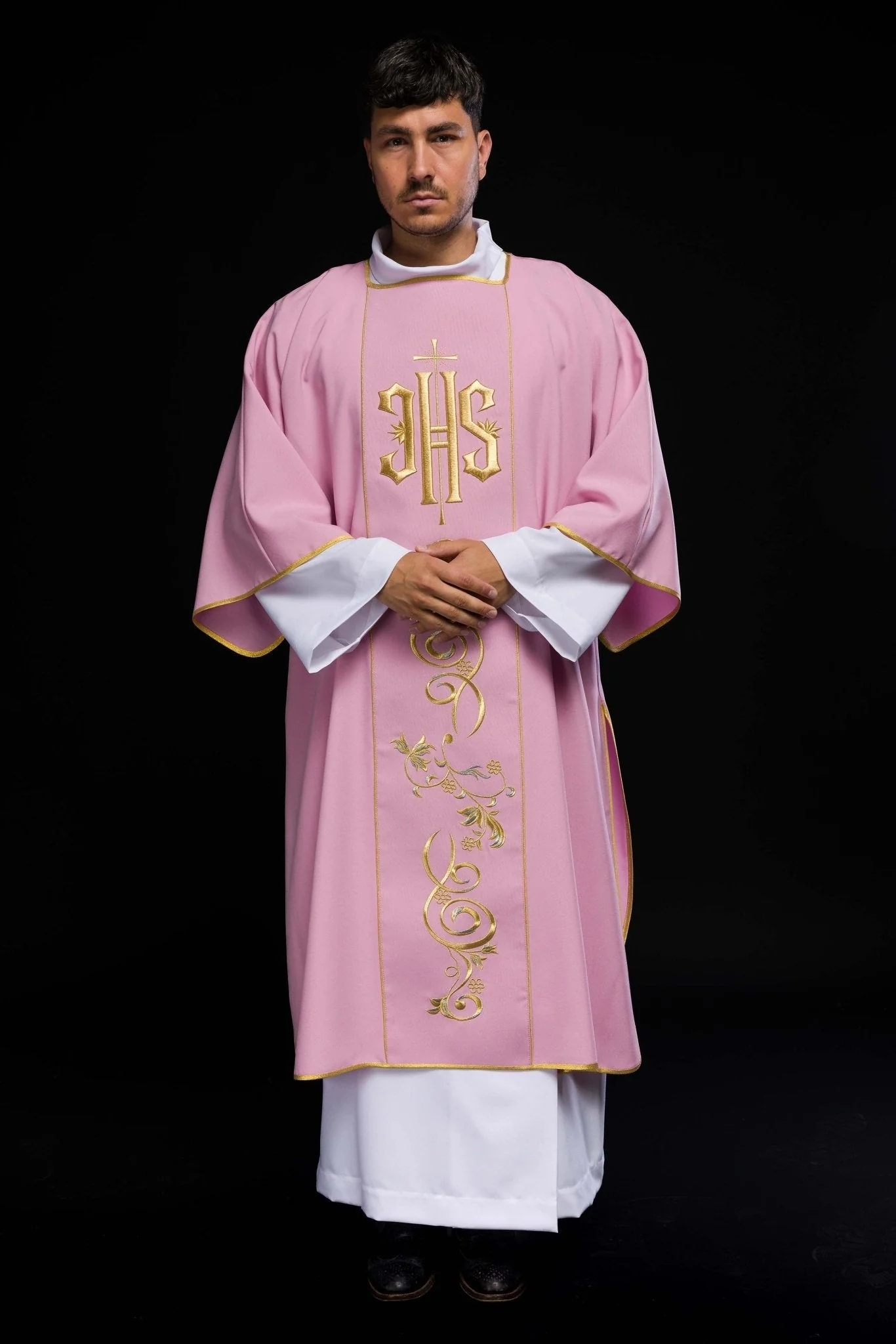 Pink dalmatic with embroidered IHS band - Image 2
