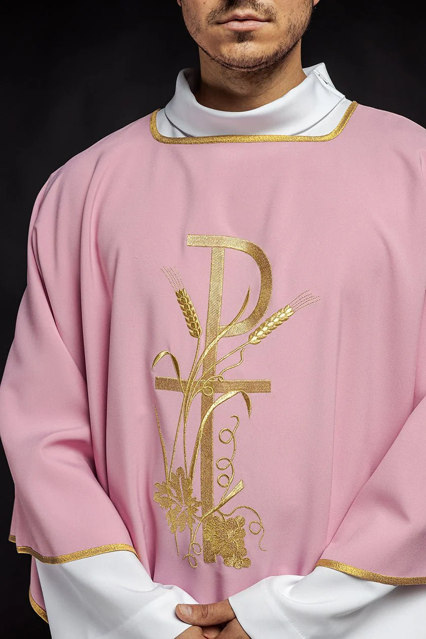 Pink dalmatic with gold Pax cross embroidery - Image 3