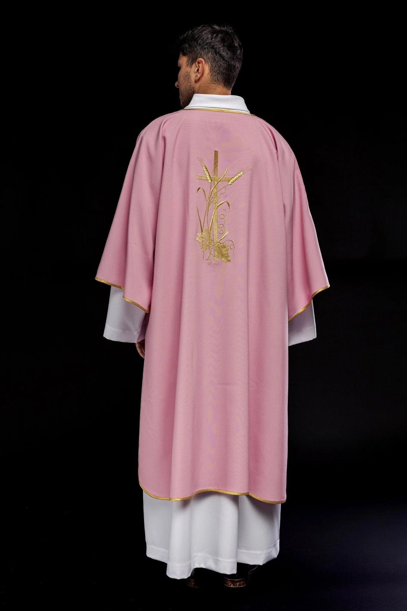 Pink dalmatic with gold Pax cross embroidery - Image 5