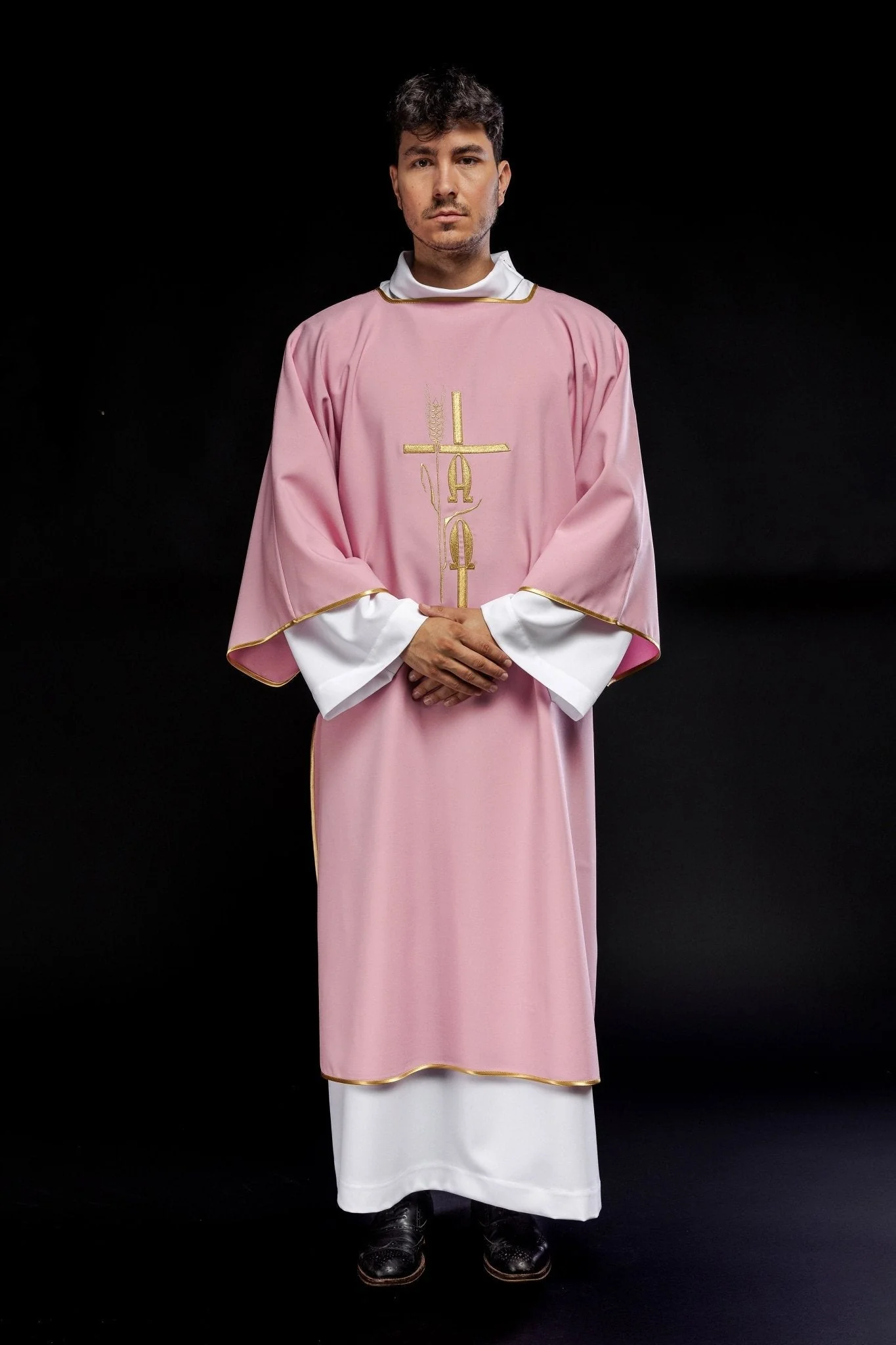 Pink deacon dalmatic with Alpha Omega embroidery - Image 2
