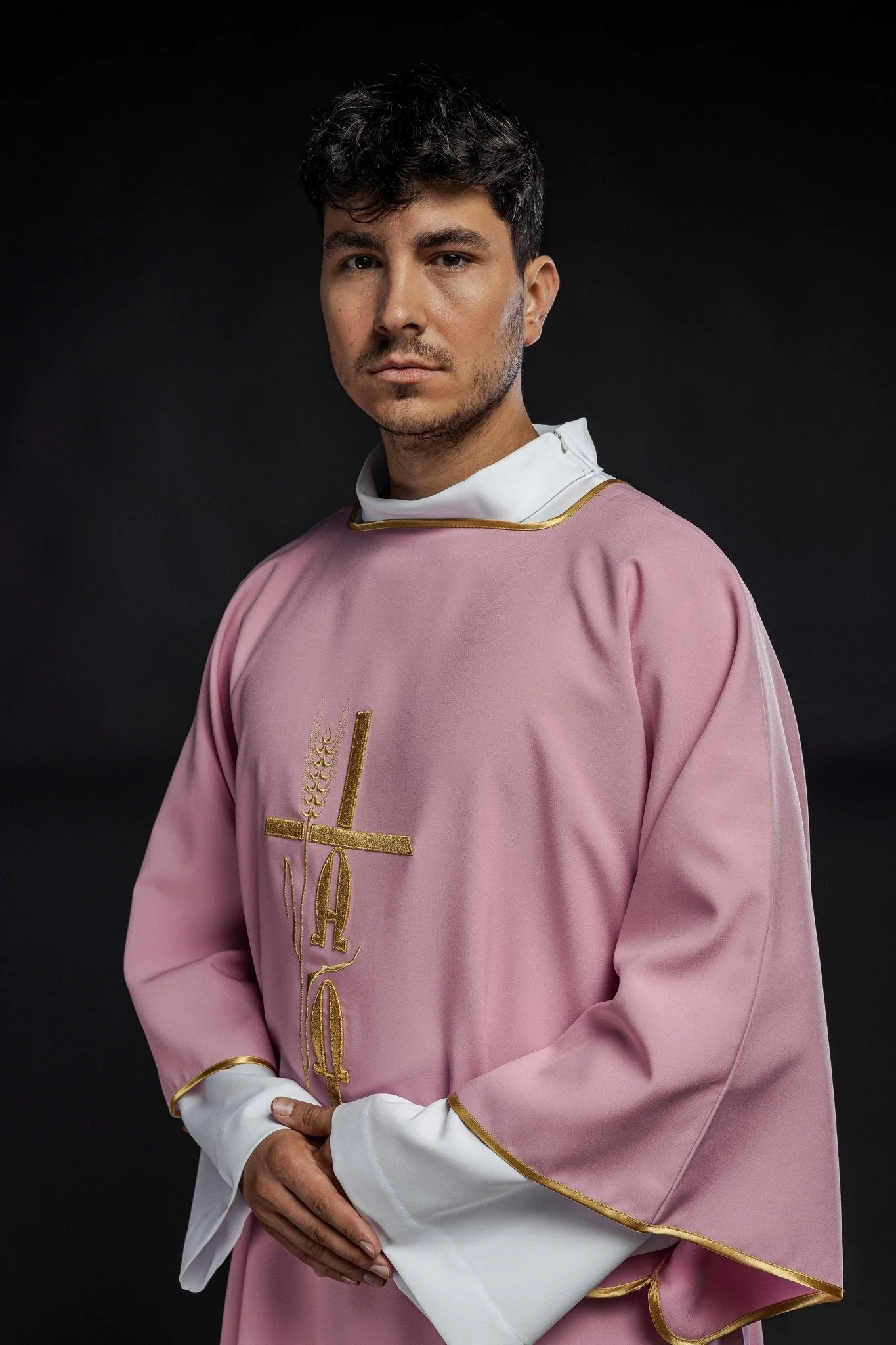Pink deacon dalmatic with Alpha Omega embroidery - Image 5