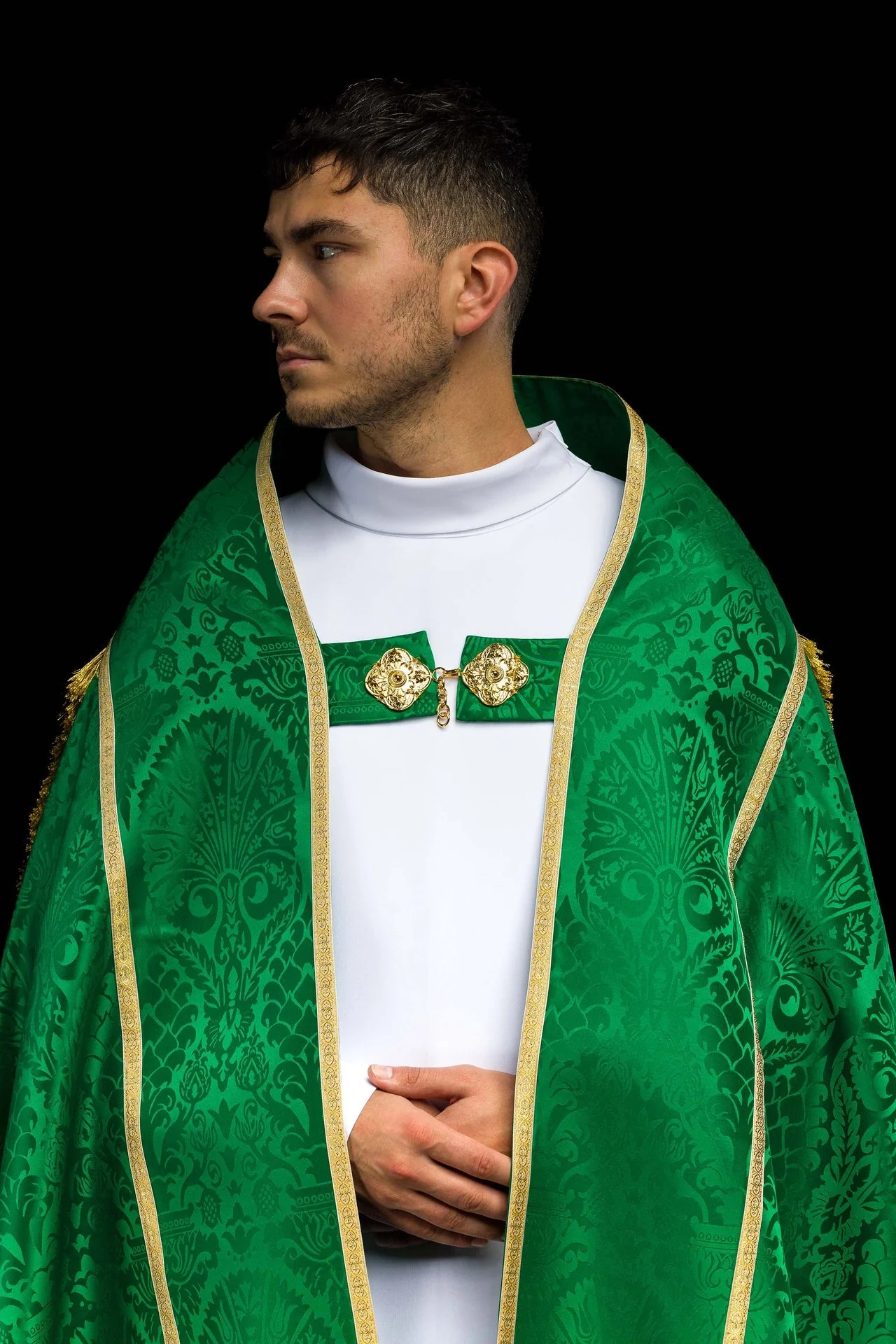 Plain Green Roman Cope Made of Jacquard Fabric - Image 3