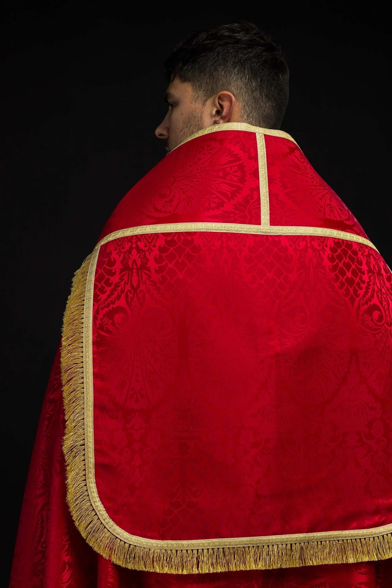 Plain Red Roman Cope Made of Jacquard Fabric - Image 2