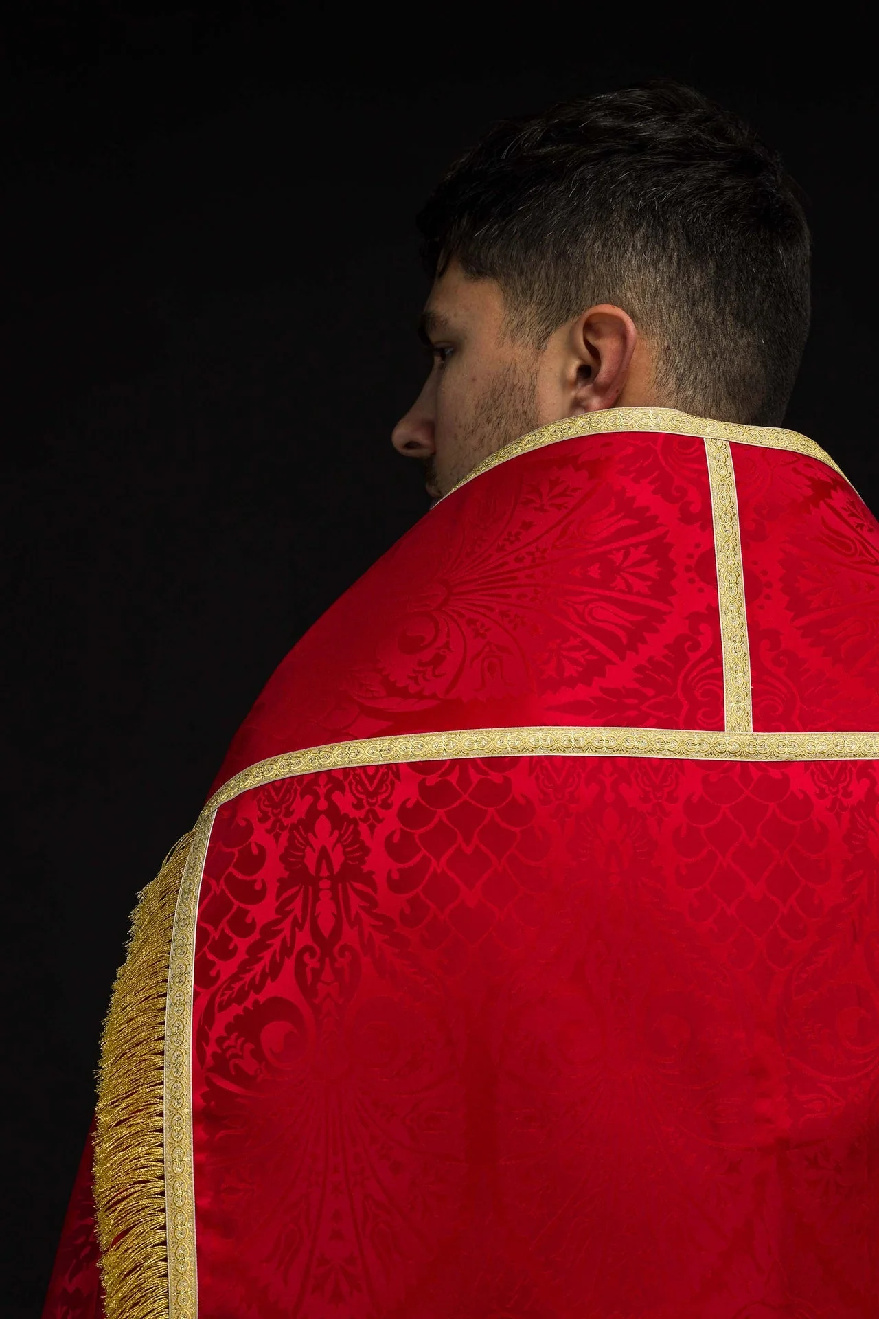 Plain Red Roman Cope Made of Jacquard Fabric - Image 6