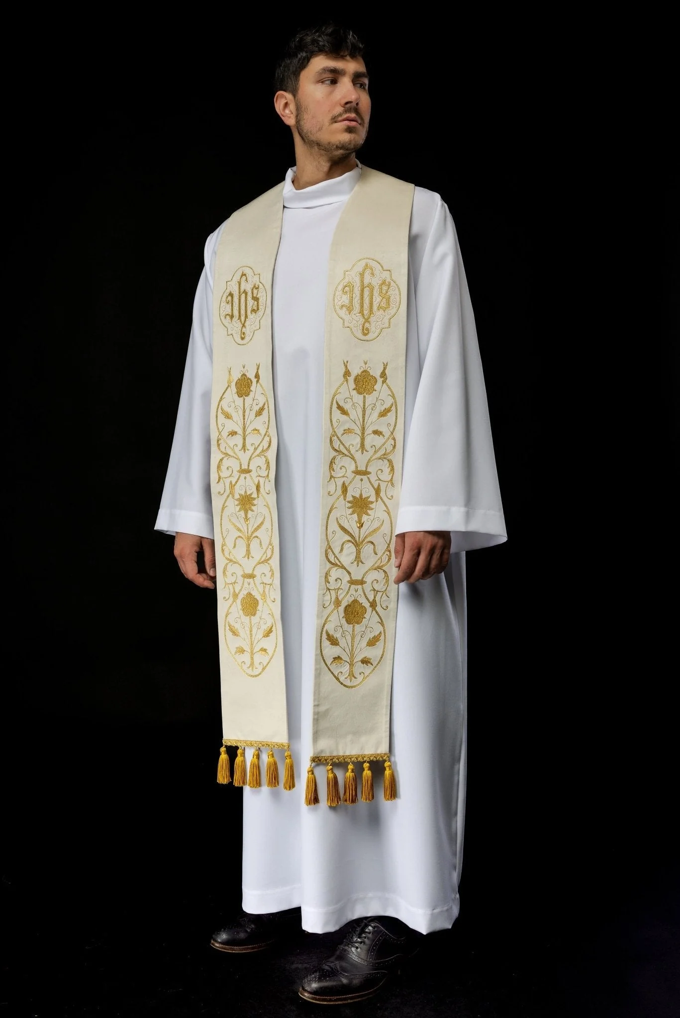 Priest stole in Ivory with embroidered gold JHS and tassels