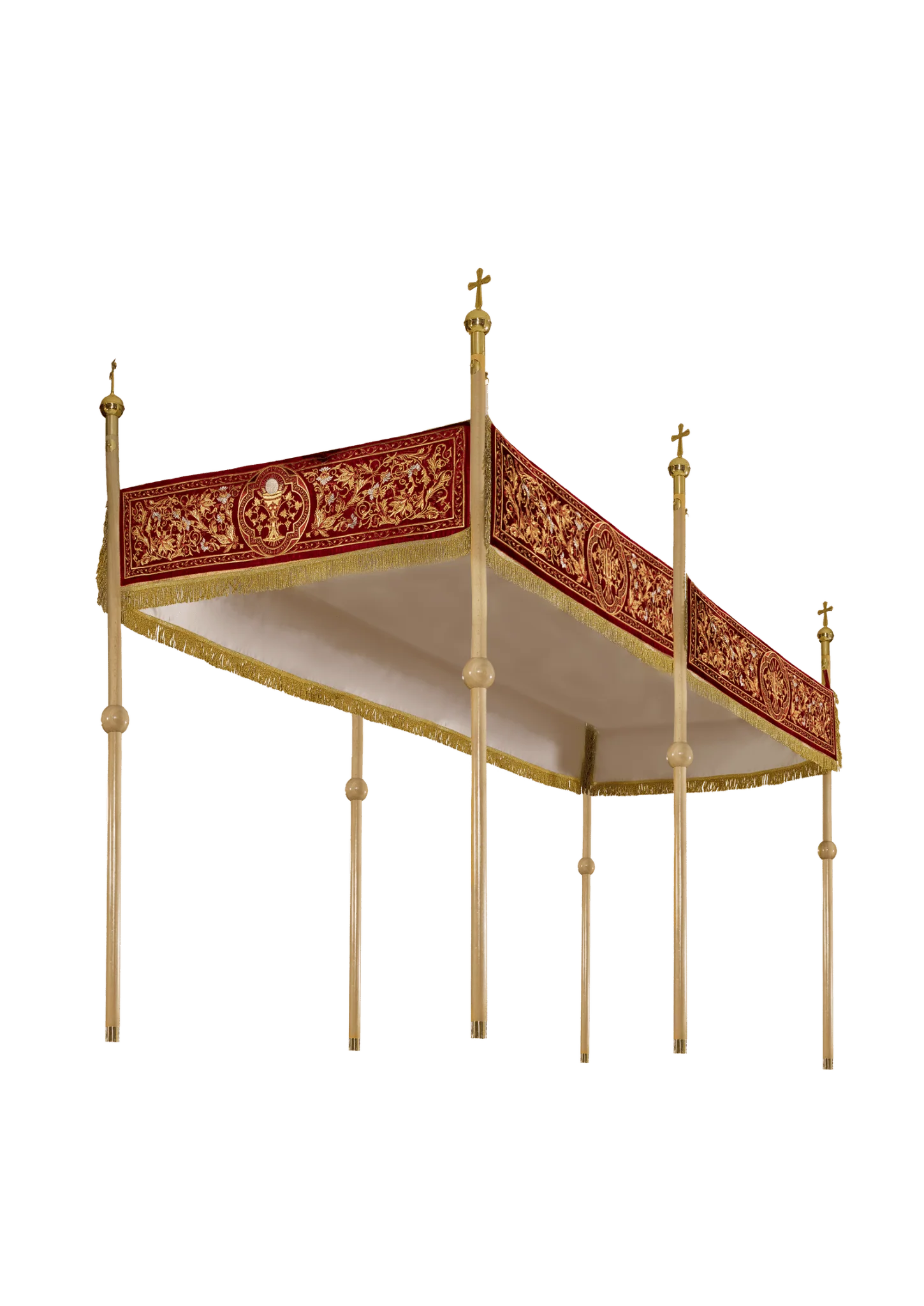 Processional canopy for Corpus Christi made of maroon velvet