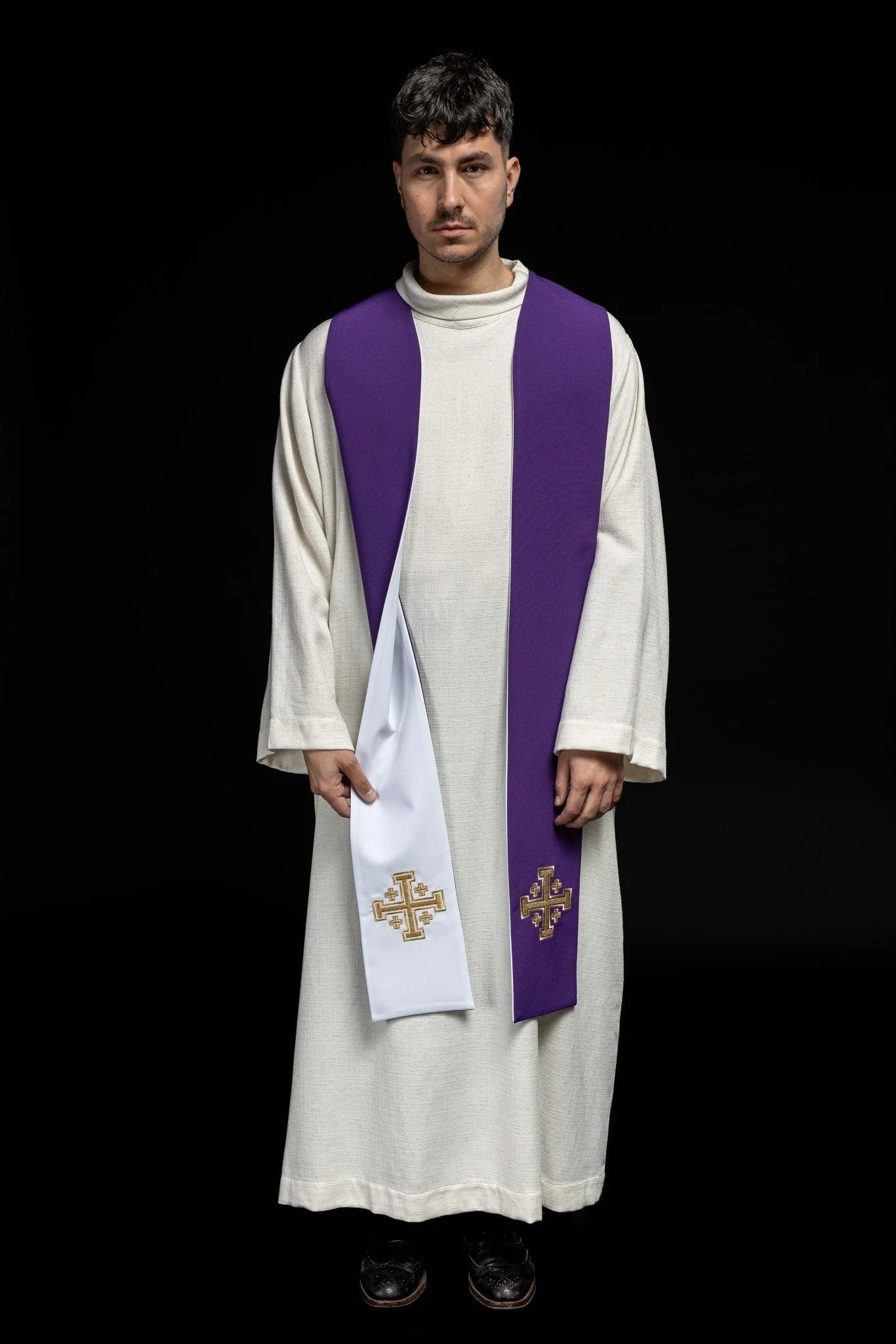Purple and White Jerusalem Cross embroidered priestly stole - Image 6