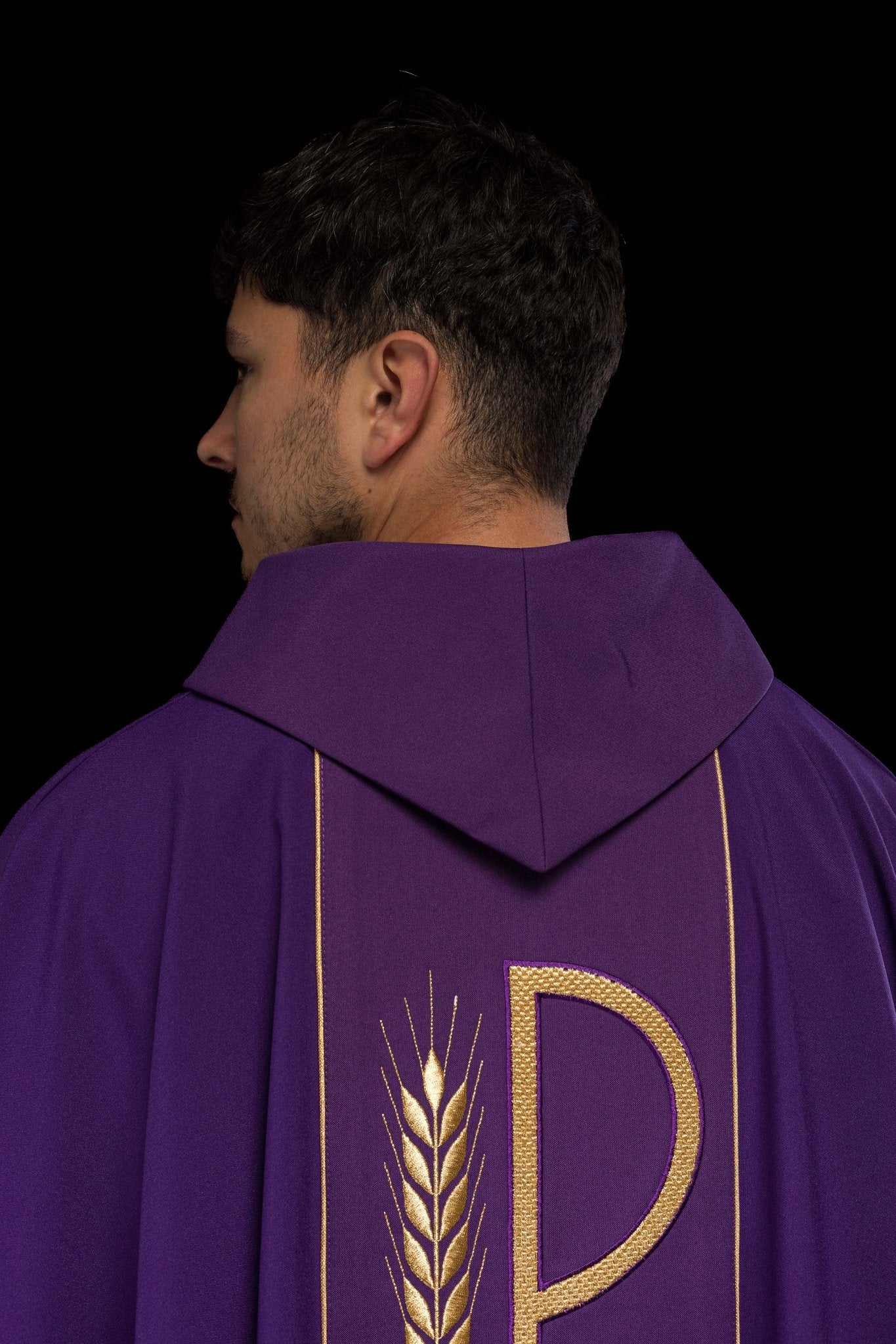 Purple chasuble embroidered with IHS Chalice pattern - Image 5