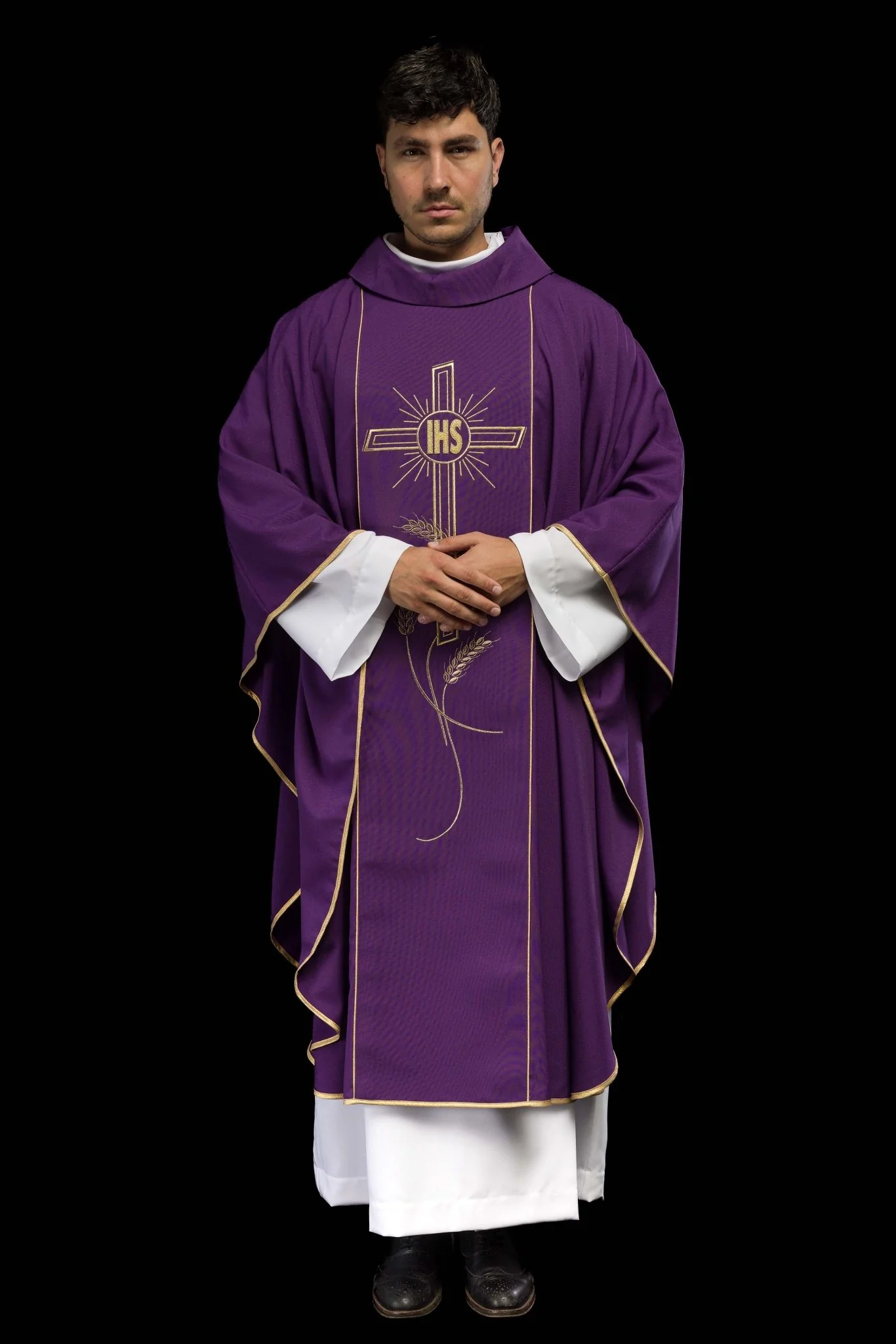 Purple chasuble with embroidered Cross IHS symbol - Image 8