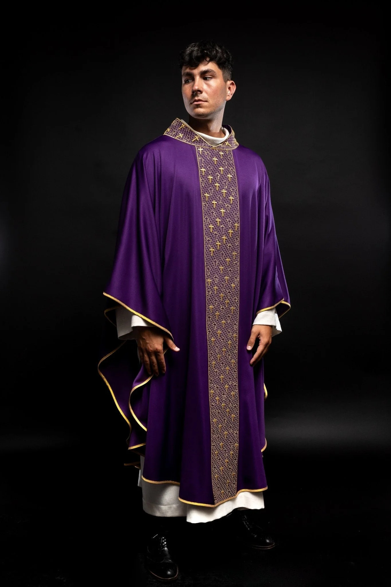 Purple chasuble with gold cross embroidery on wide orphrey and collar - Image 2