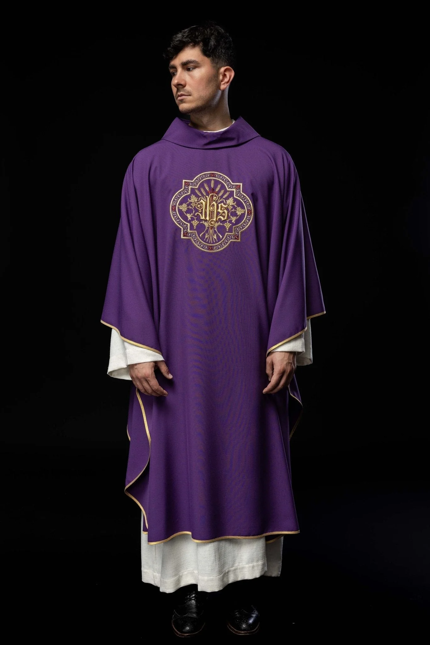 Purple chasuble with IHS and PAX embroidery - Image 2