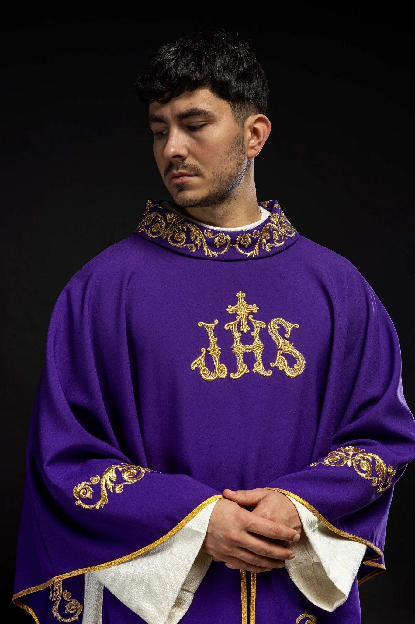 Purple chasuble with IHS embroidery