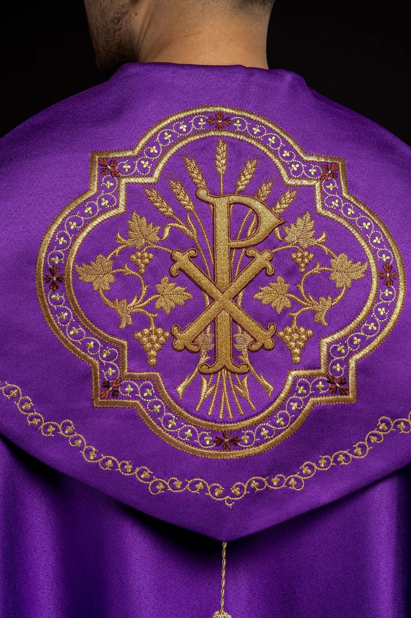 Purple christian cope with gold embroidery and PAX symbol - Image 5