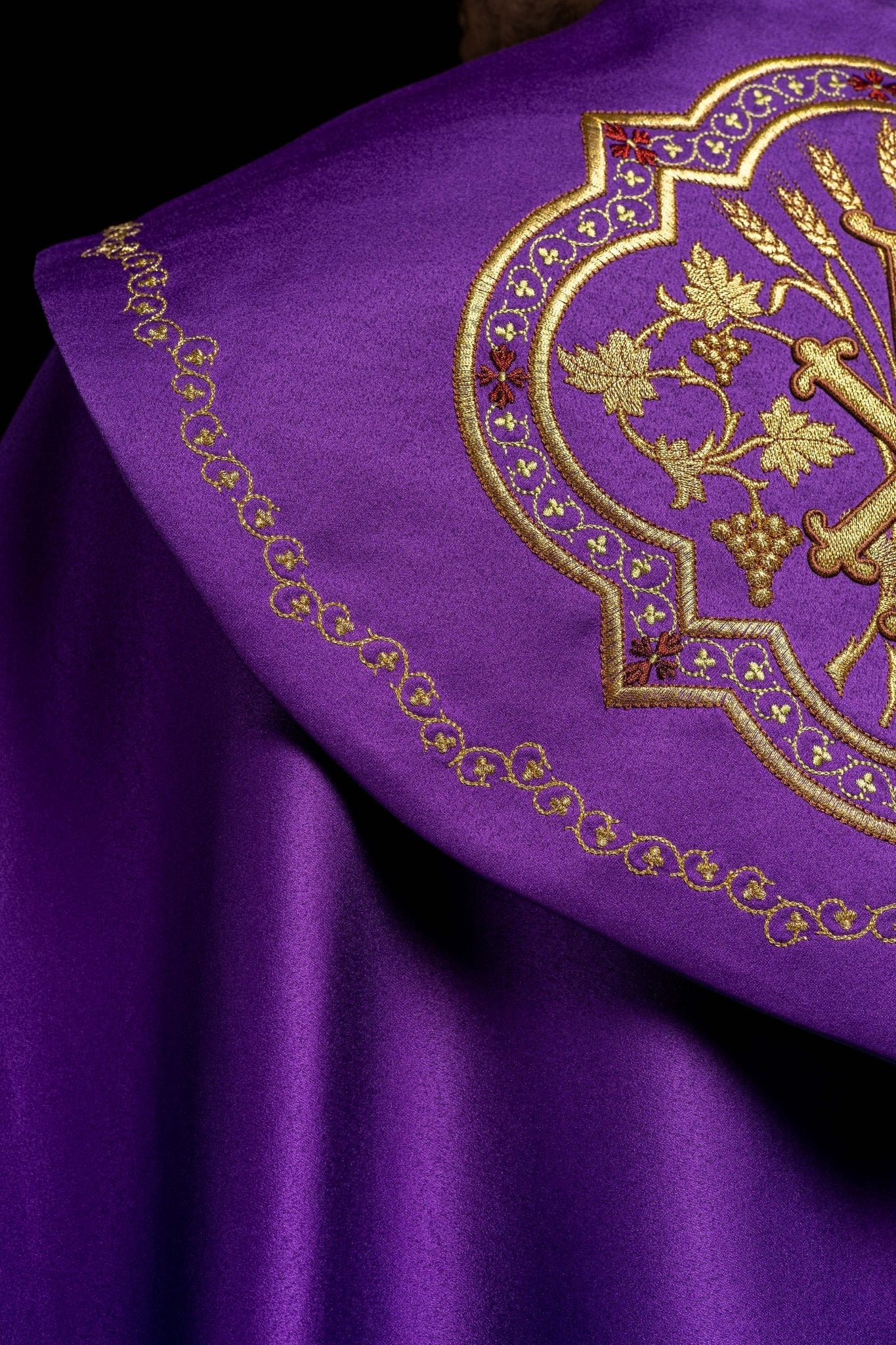 Purple christian cope with gold embroidery and PAX symbol - Image 6