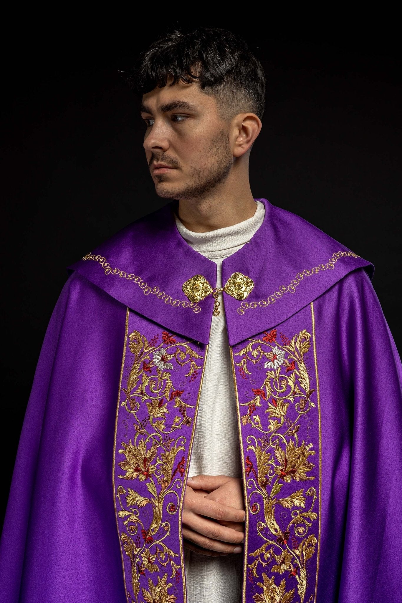 Purple christian cope with gold embroidery and PAX symbol - Image 9